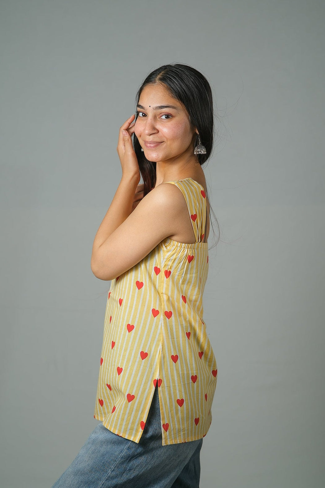 Zoe – Heart Print Cotton Top (Yellow)