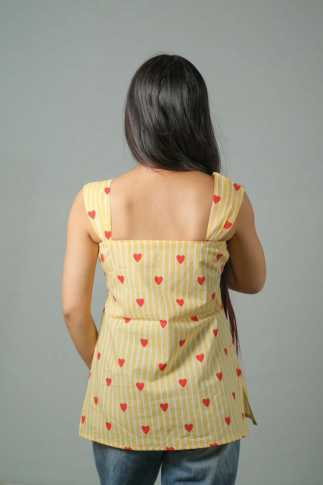 Zoe – Heart Print Cotton Top (Yellow)