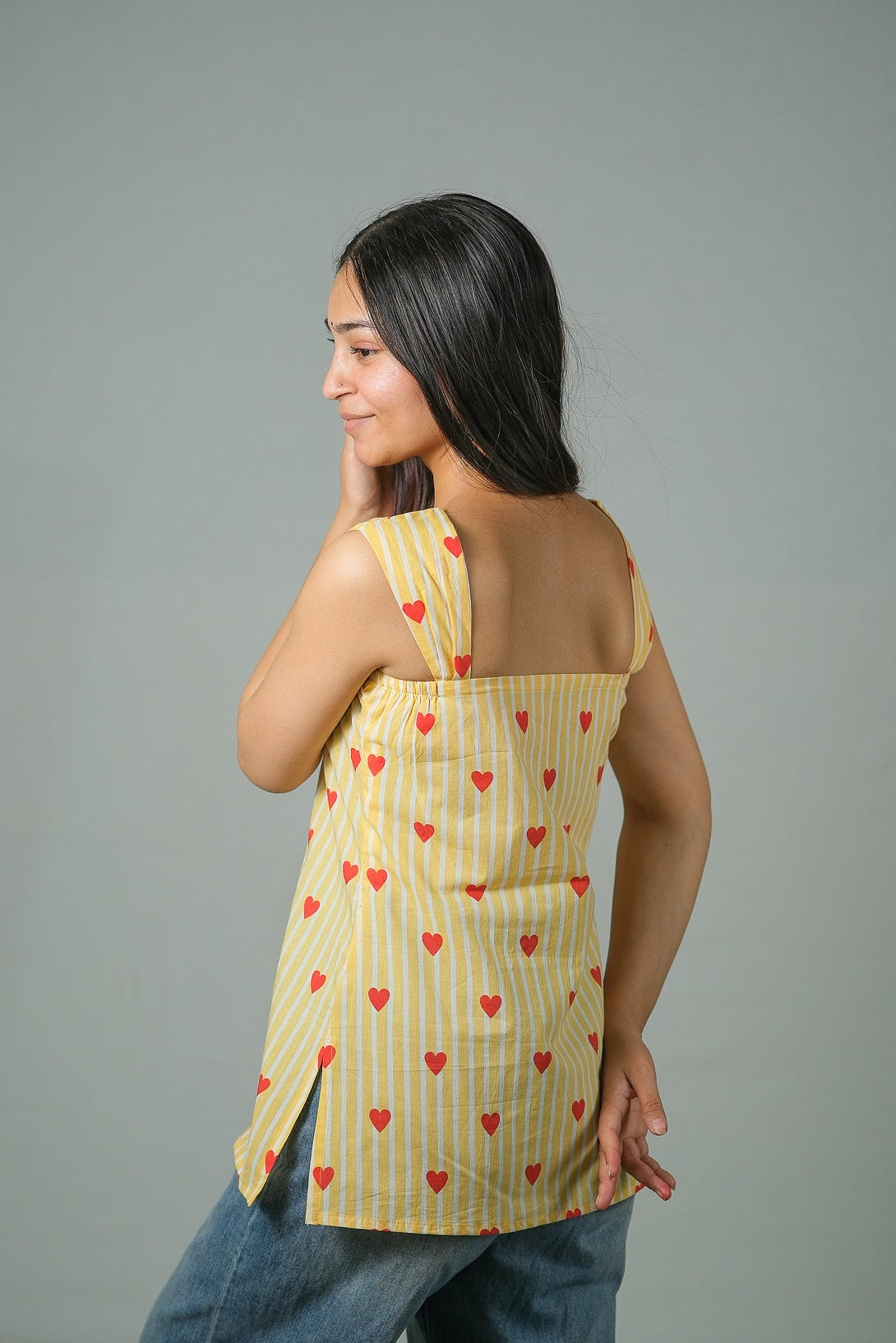 Zoe – Heart Print Cotton Top (Yellow)