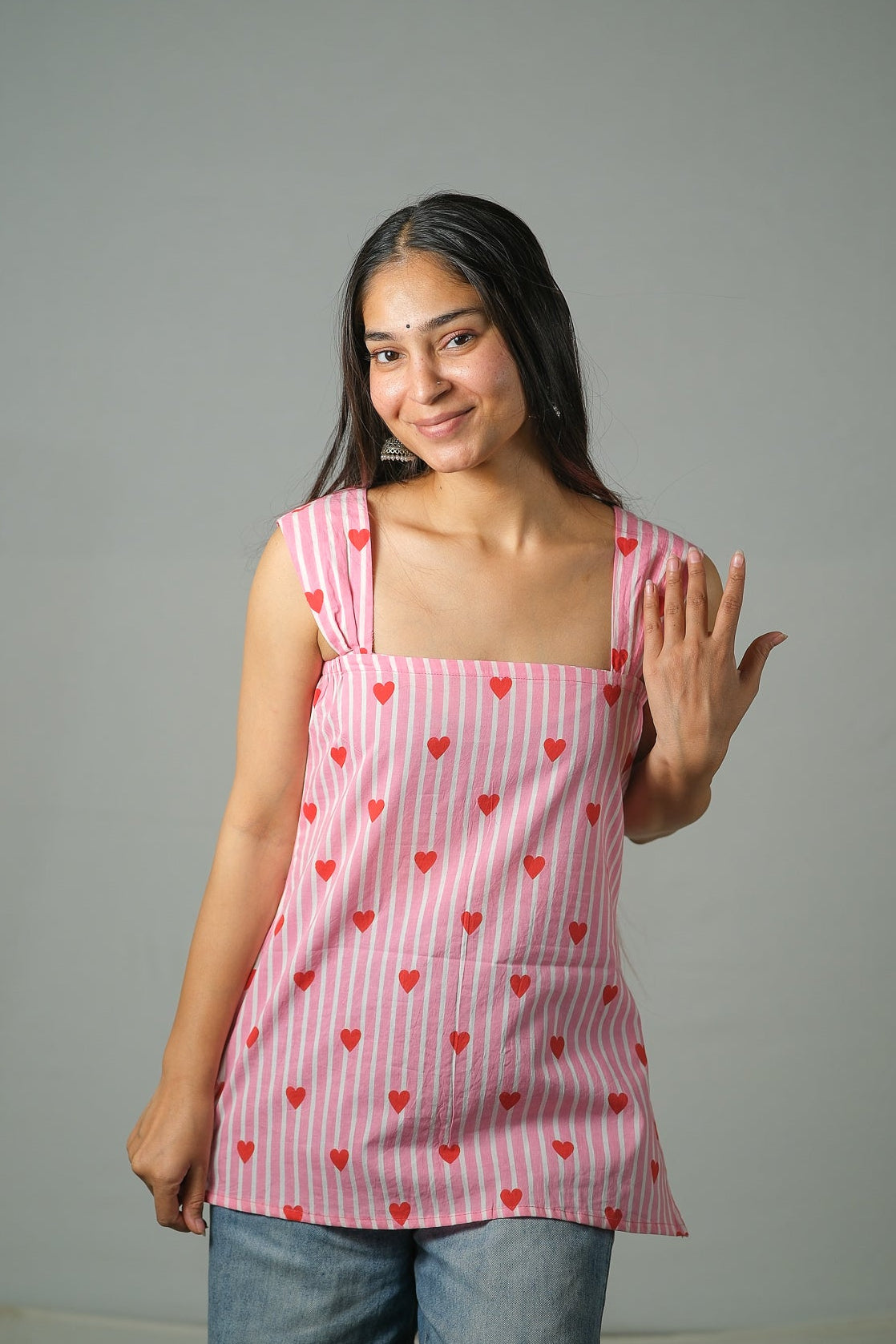 Maya – Heart Print Cotton Top (Pink)