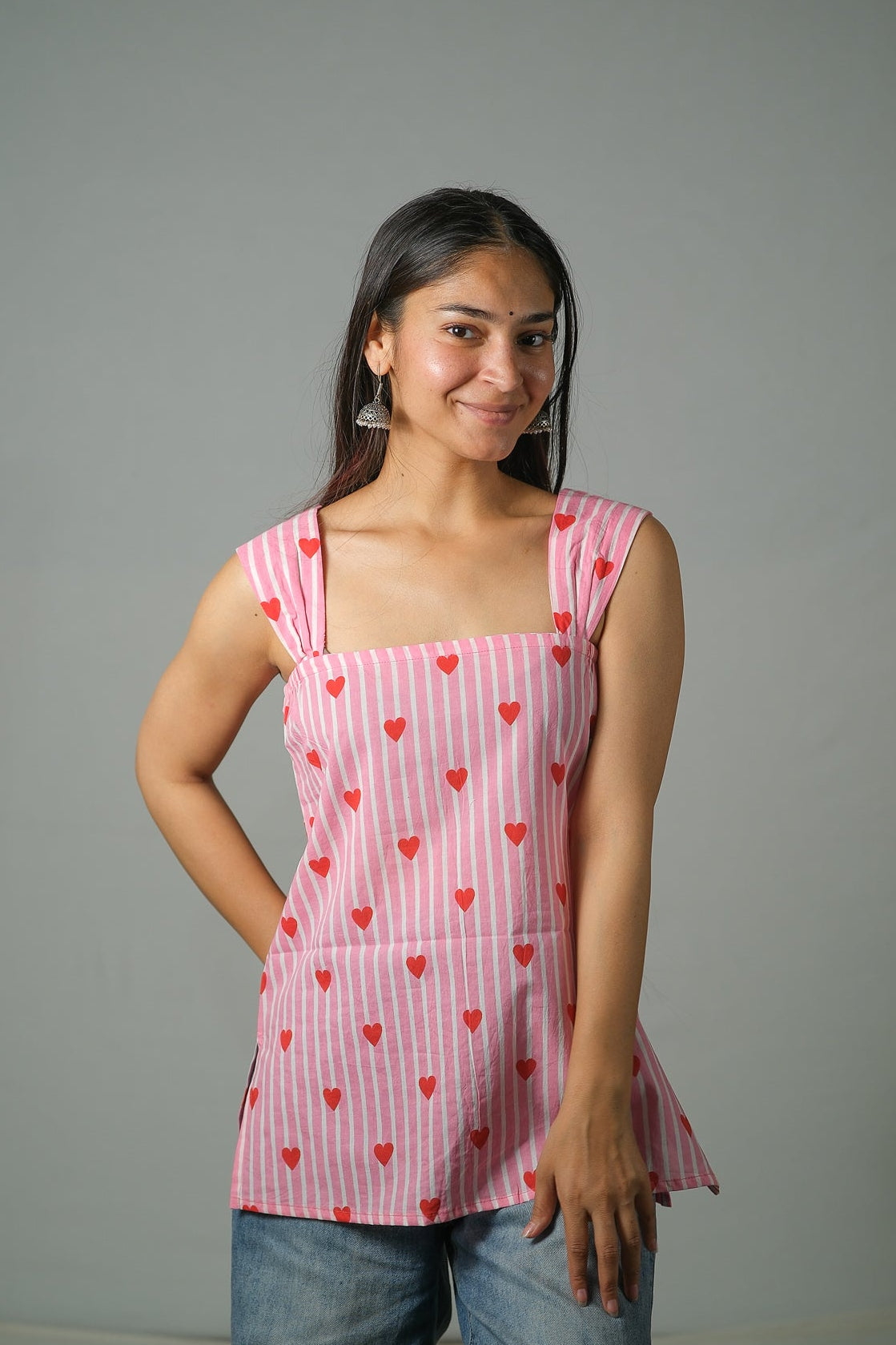 Maya – Heart Print Cotton Top (Pink)