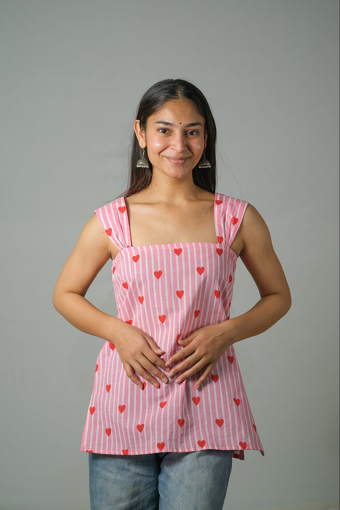 Maya – Heart Print Cotton Top (Pink)