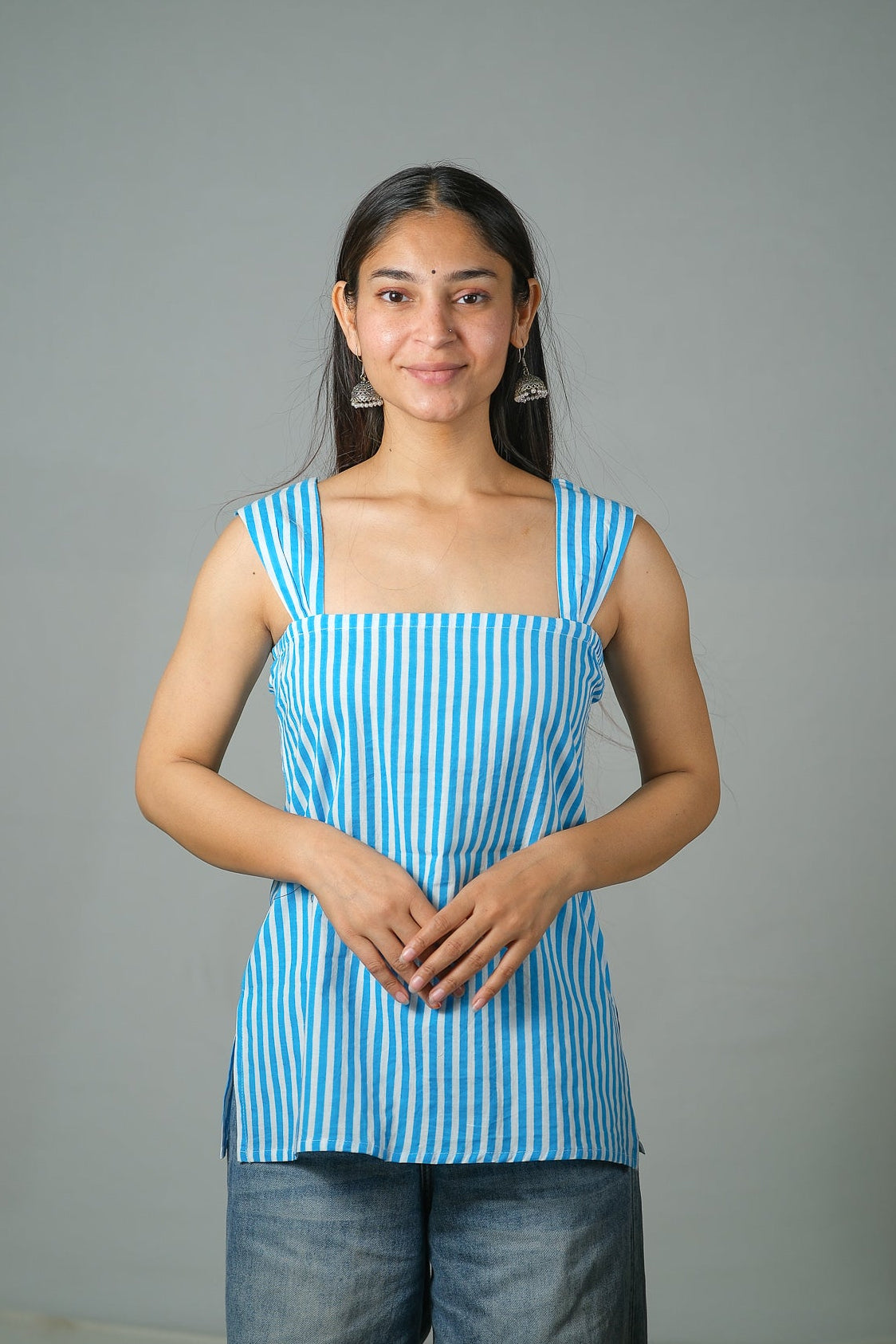 Ava – Striped Cotton Top (Sky Blue)