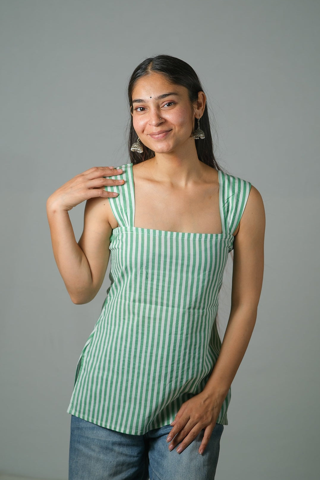 Luna – Striped Cotton Top (Pista Green)