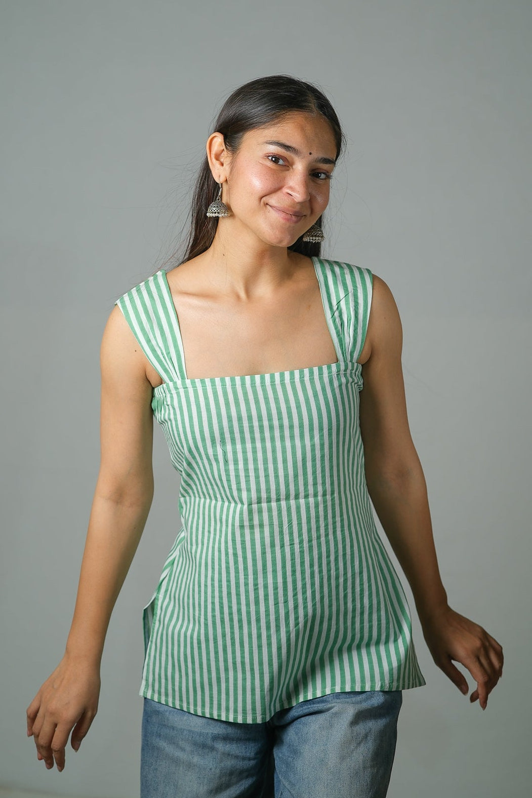 Luna – Striped Cotton Top (Pista Green)