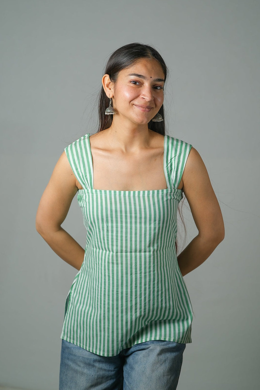 Luna – Striped Cotton Top (Pista Green)