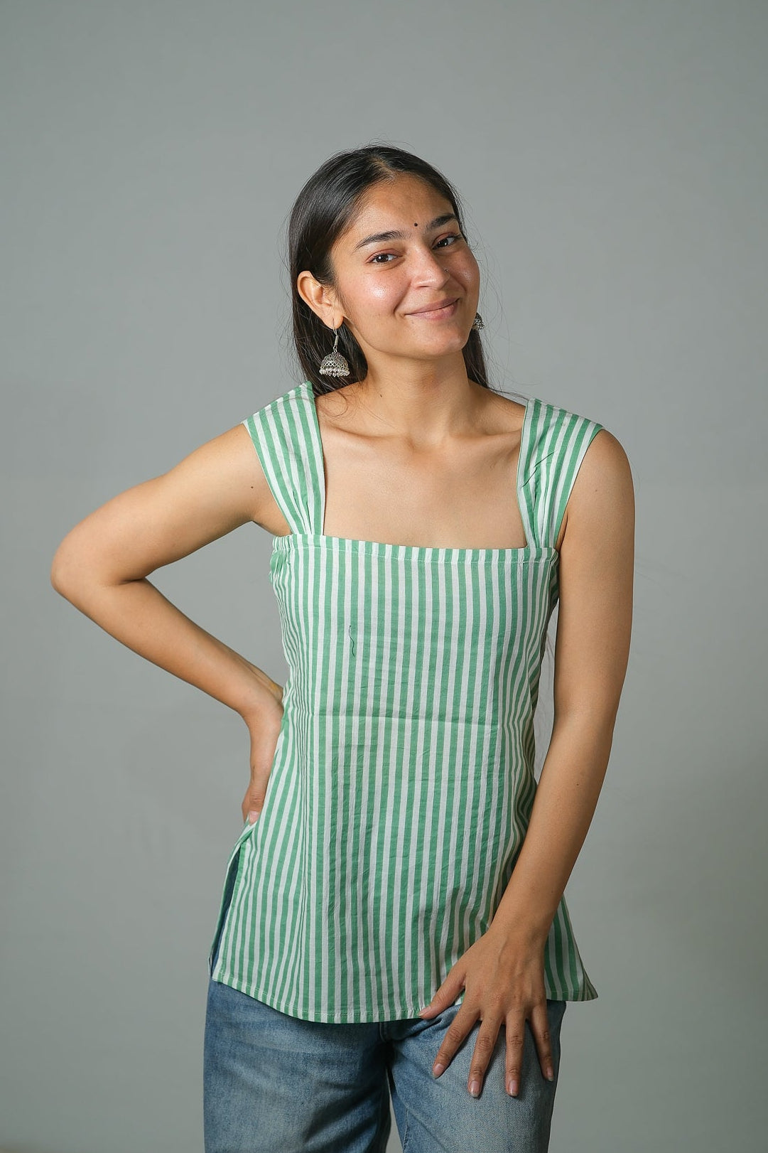 Luna – Striped Cotton Top (Pista Green)