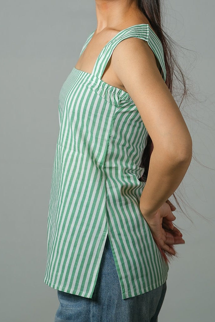 Luna – Striped Cotton Top (Pista Green)