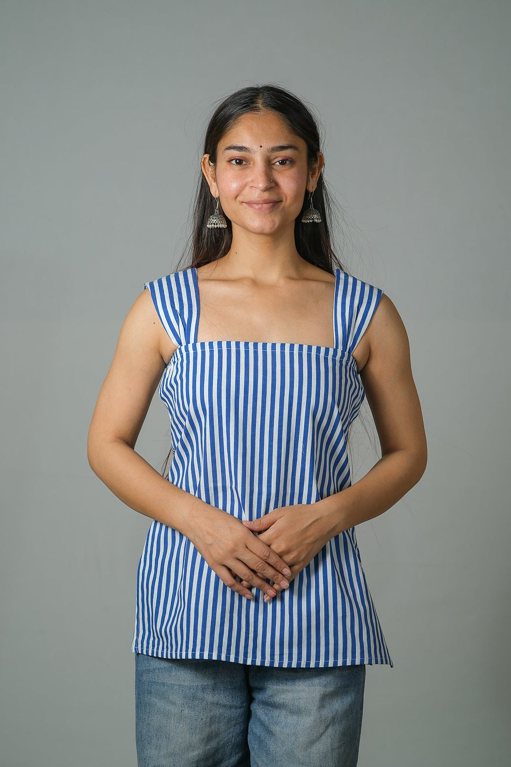 Clara – Striped Cotton Top (Blue)