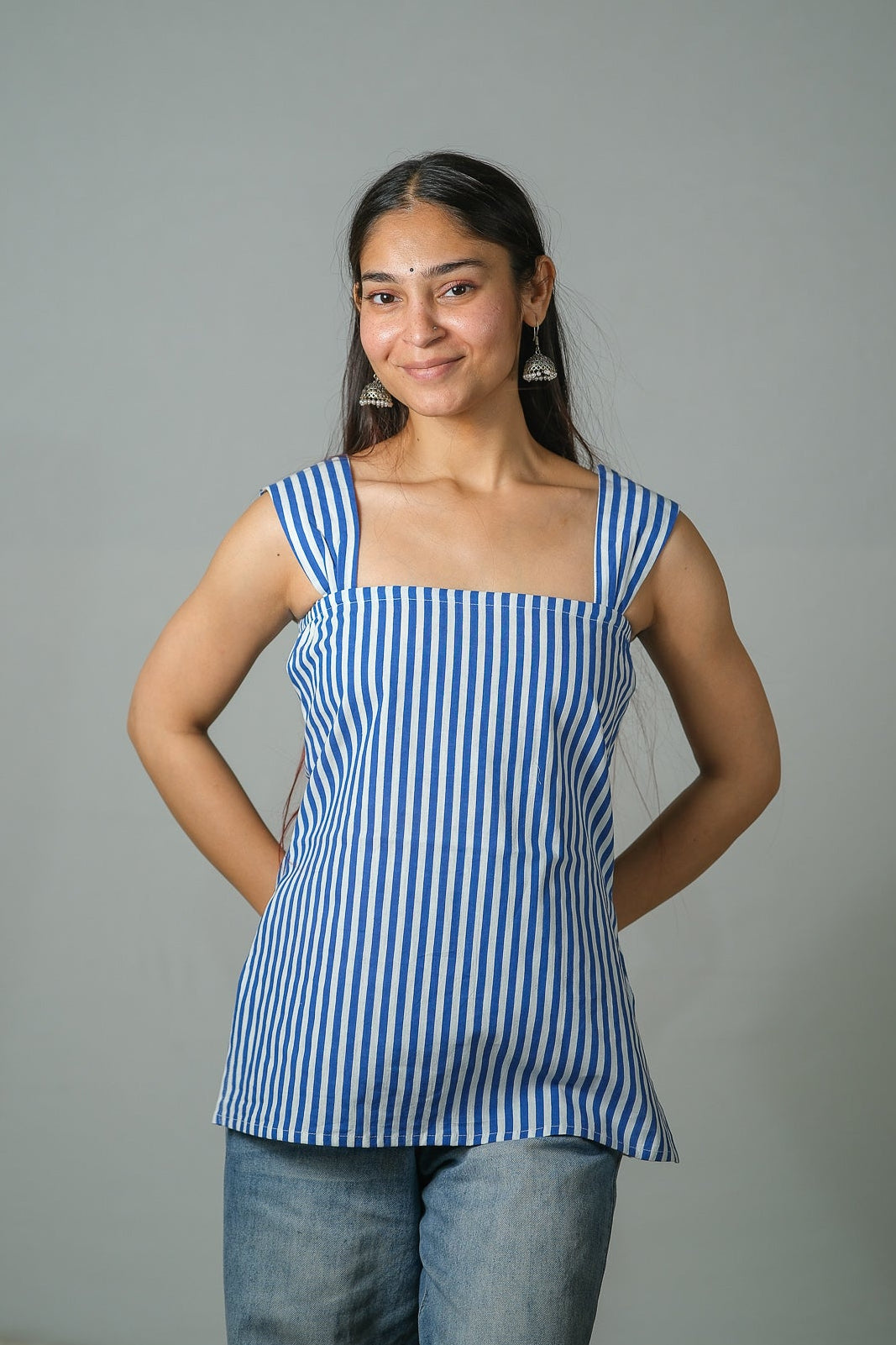 Clara – Striped Cotton Top (Blue)