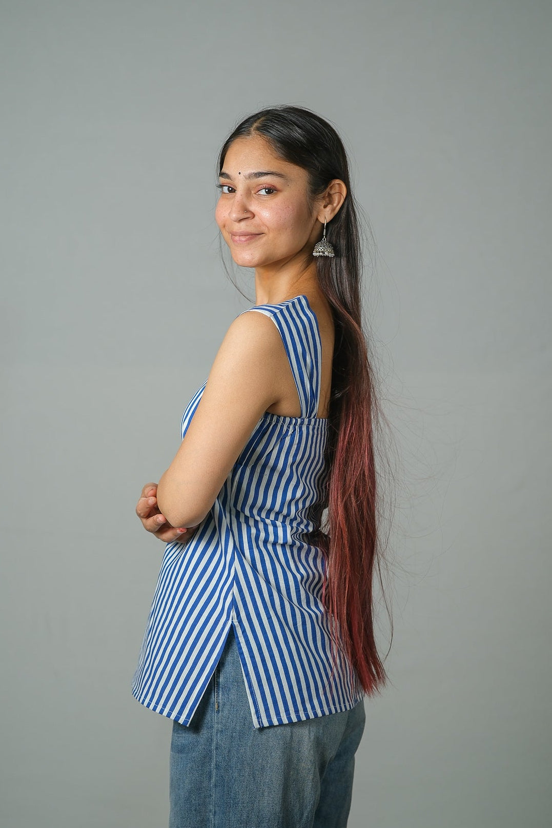 Clara – Striped Cotton Top (Blue)