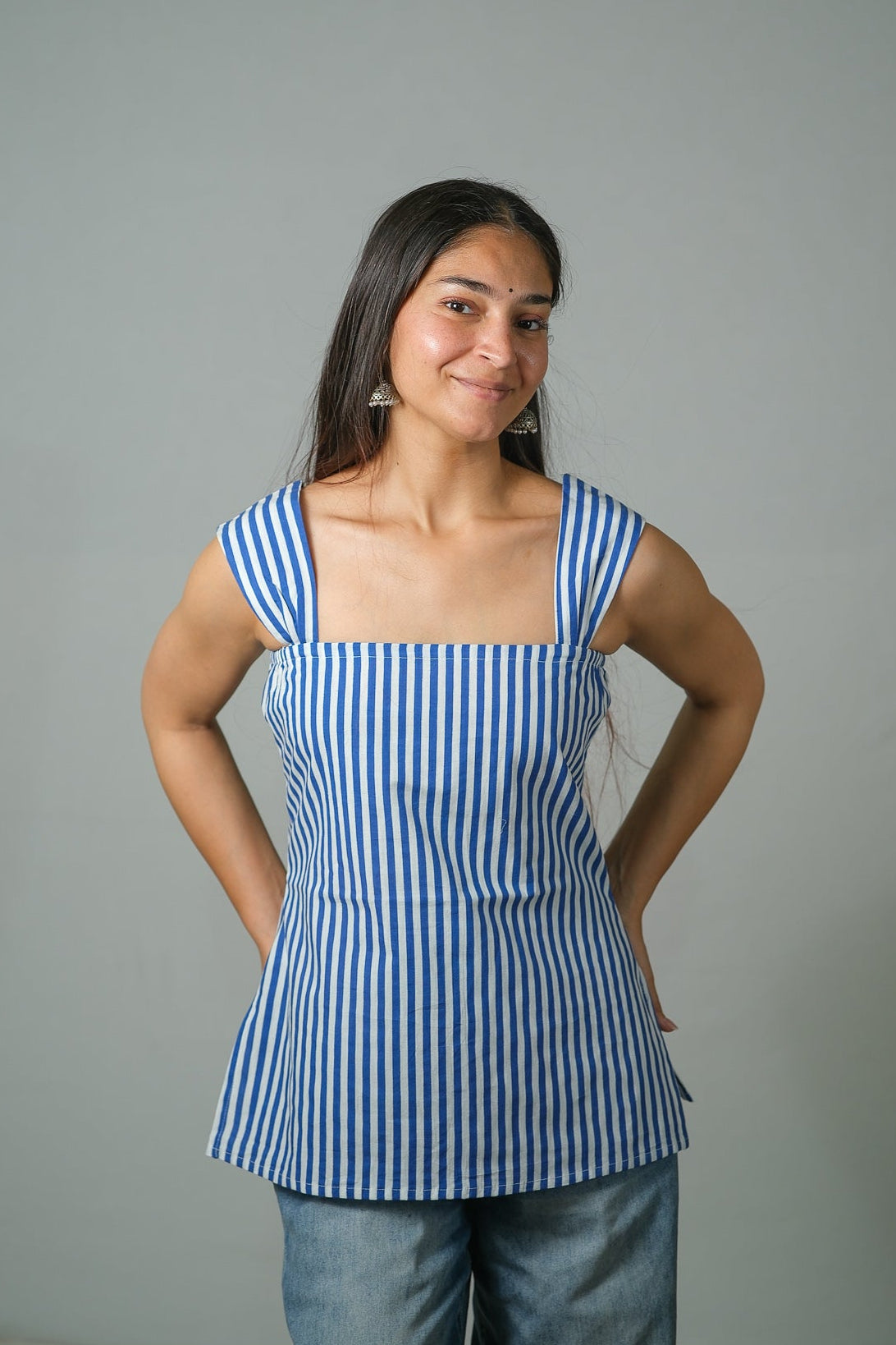 Clara – Striped Cotton Top (Blue)