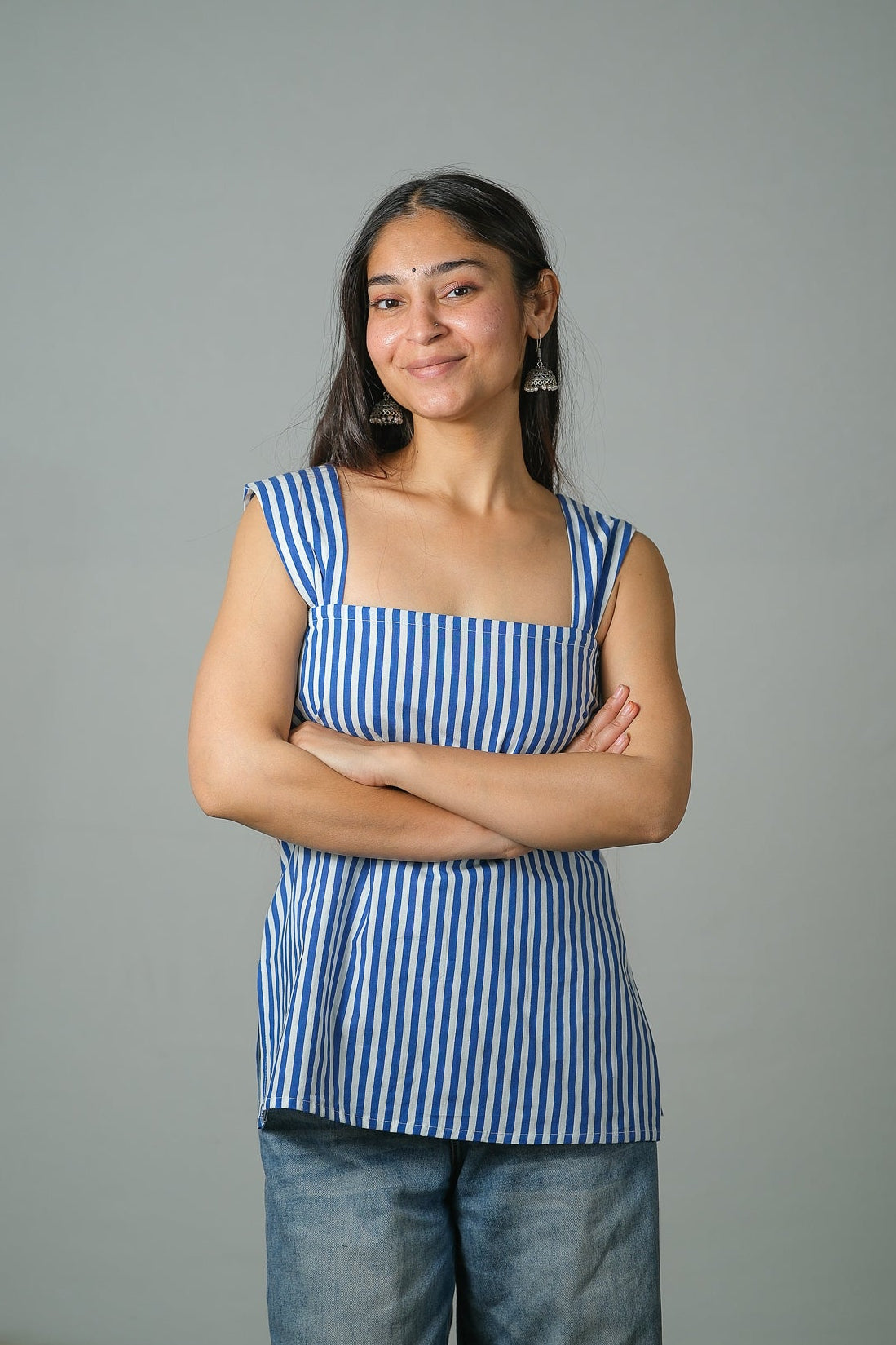 Clara – Striped Cotton Top (Blue)