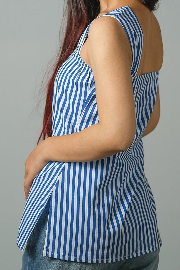 Clara – Striped Cotton Top (Blue)