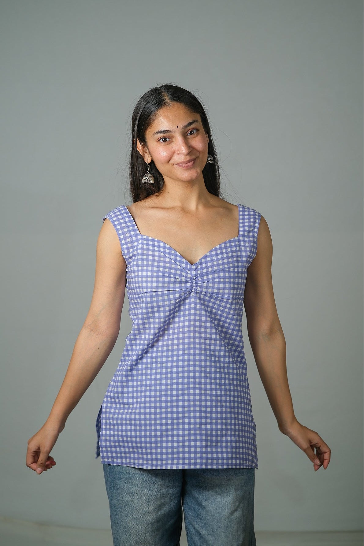 Avery – Gingham Printed Cotton Top (Lavender)