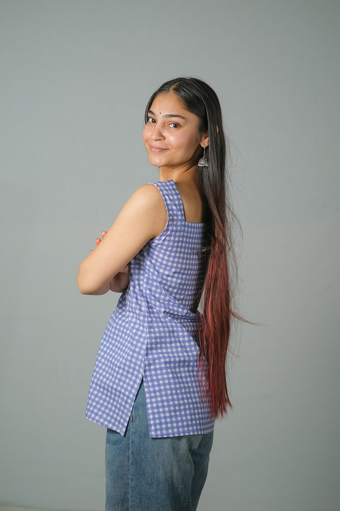 Avery – Gingham Printed Cotton Top (Lavender)