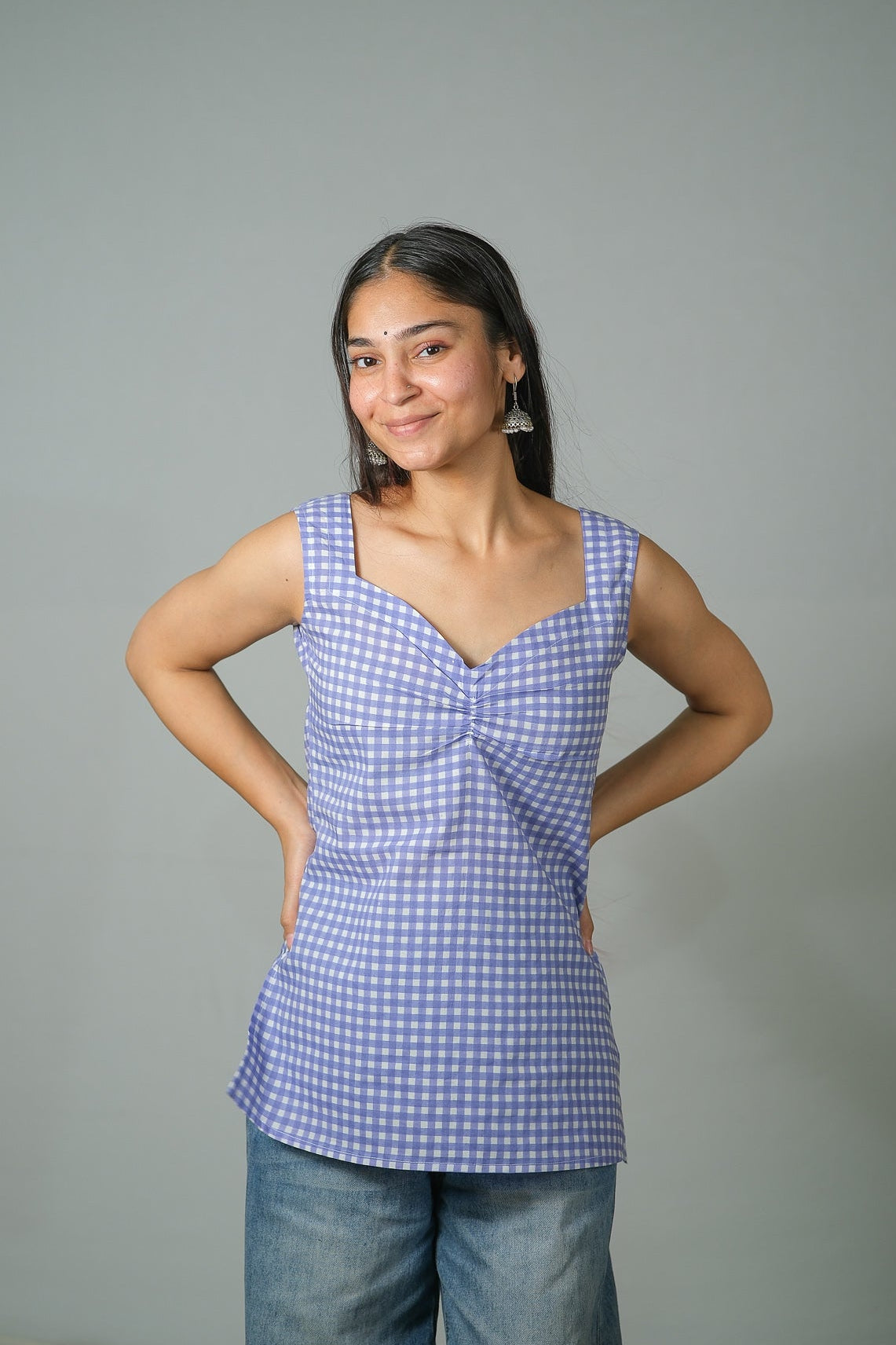 Avery – Gingham Printed Cotton Top (Lavender)