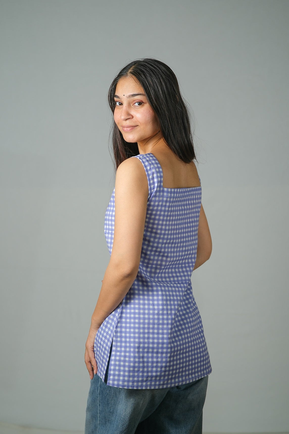 Avery – Gingham Printed Cotton Top (Lavender)