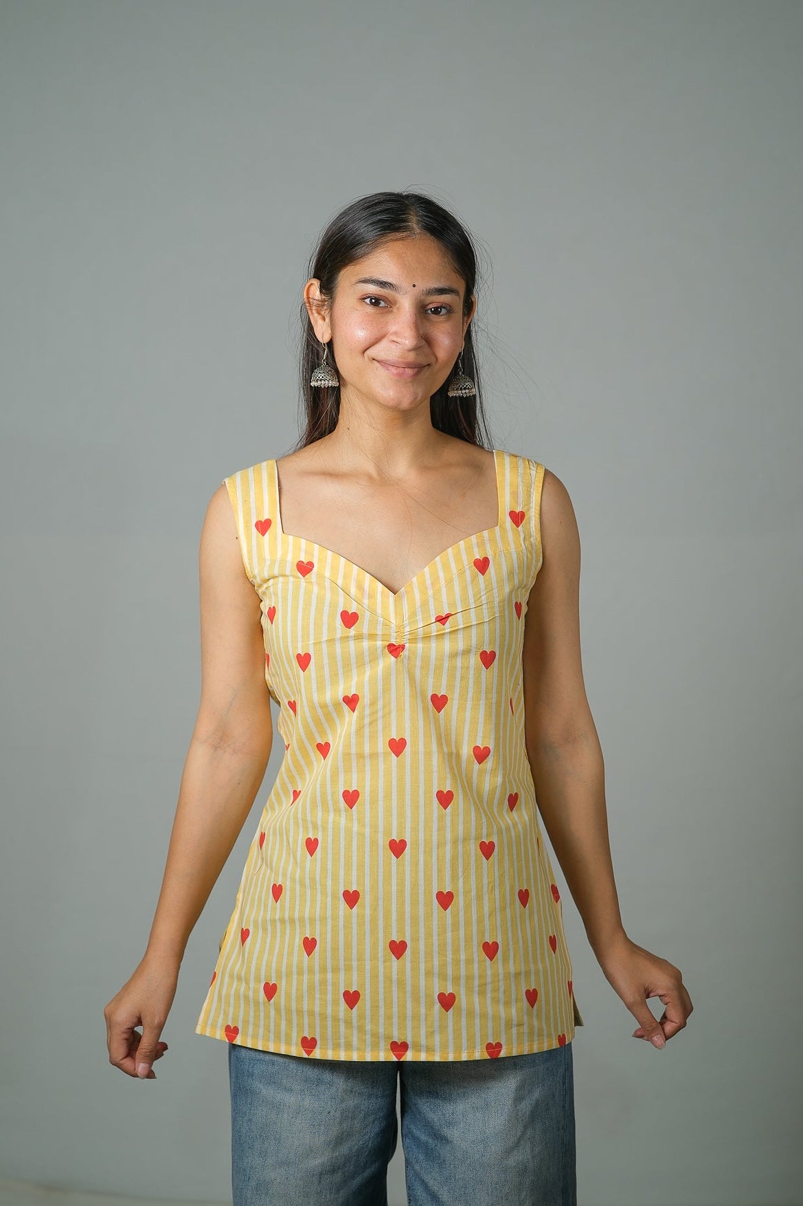 Hazel – Heart Print Cotton Top (Yellow)