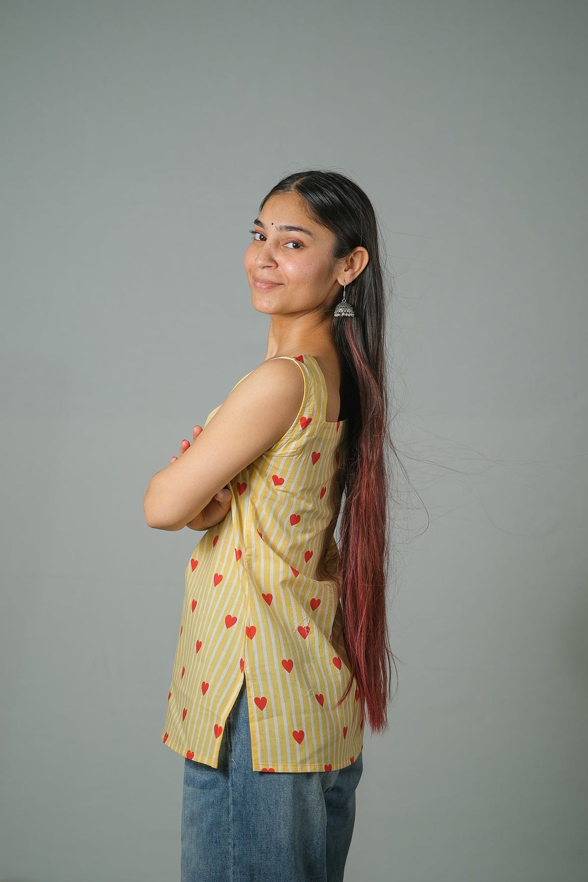 Hazel – Heart Print Cotton Top (Yellow)
