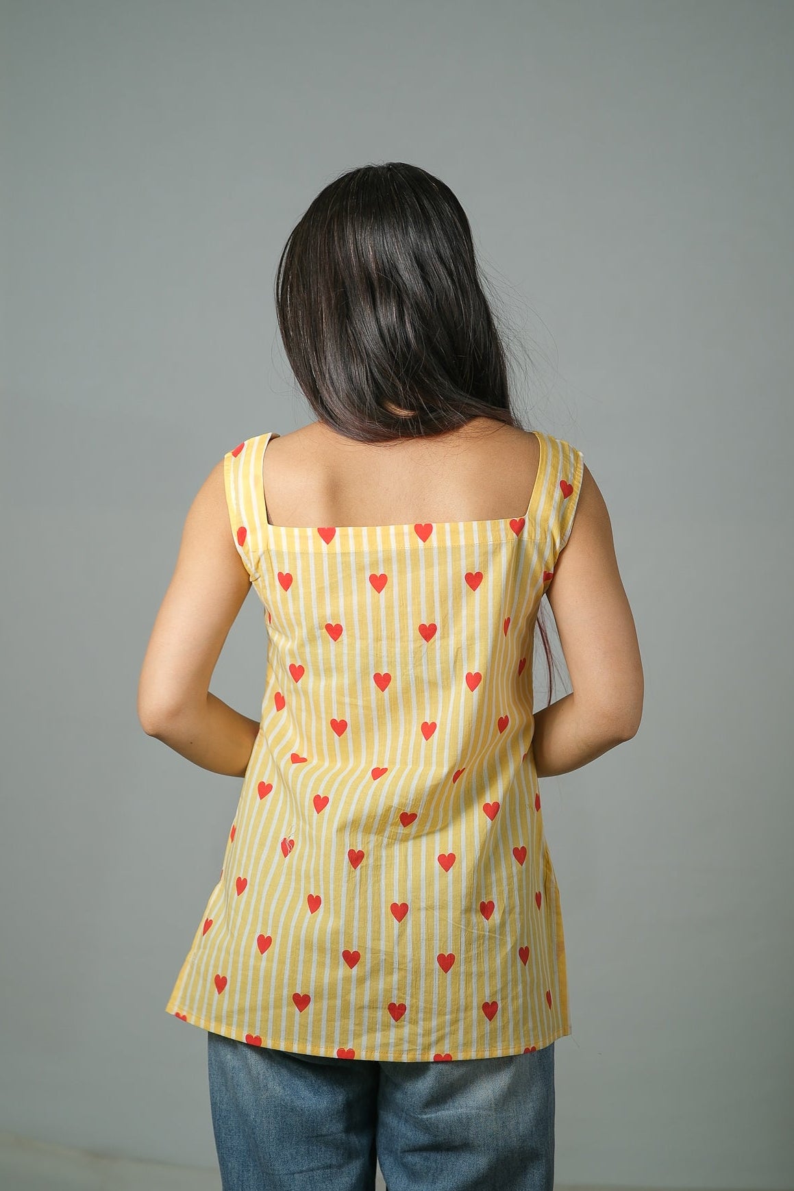 Hazel – Heart Print Cotton Top (Yellow)