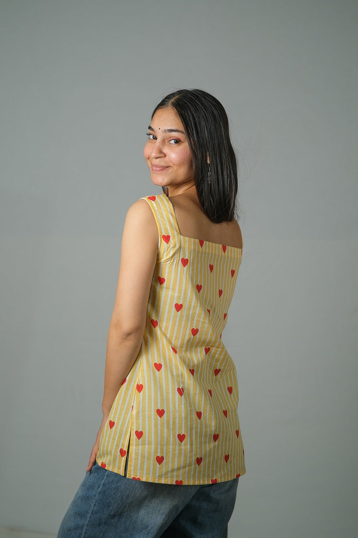 Hazel – Heart Print Cotton Top (Yellow)