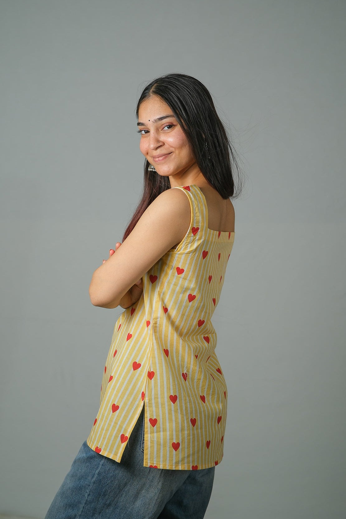 Hazel – Heart Print Cotton Top (Yellow)