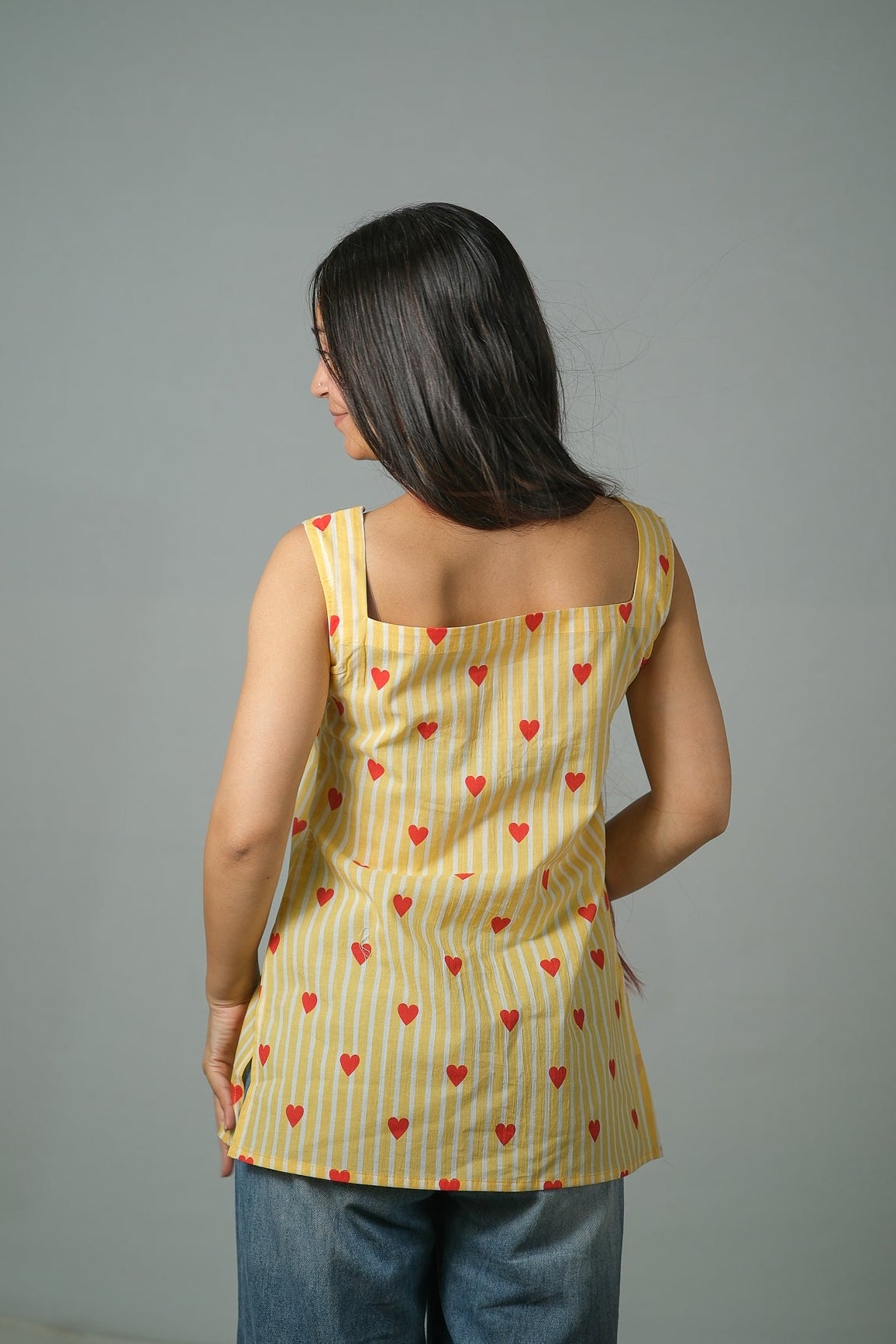 Hazel – Heart Print Cotton Top (Yellow)