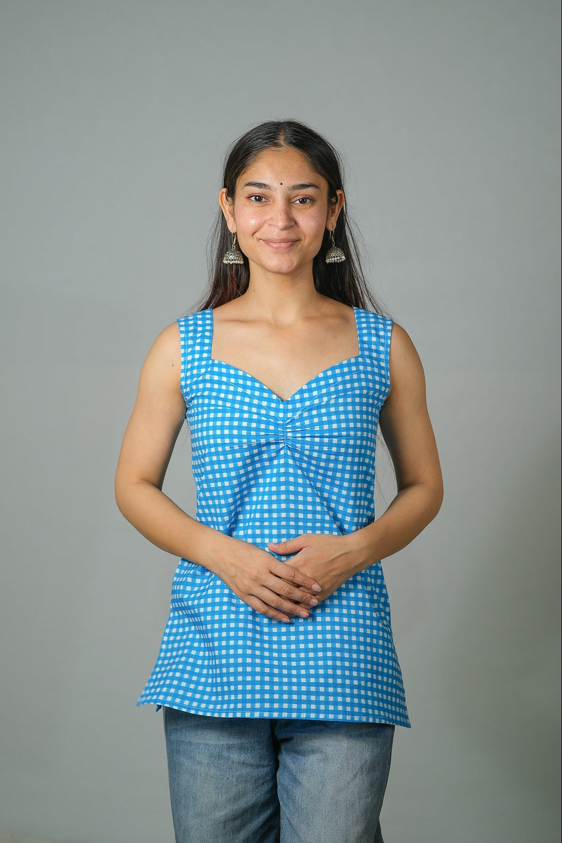 Mira – Gingham Printed Cotton Top (Blue)