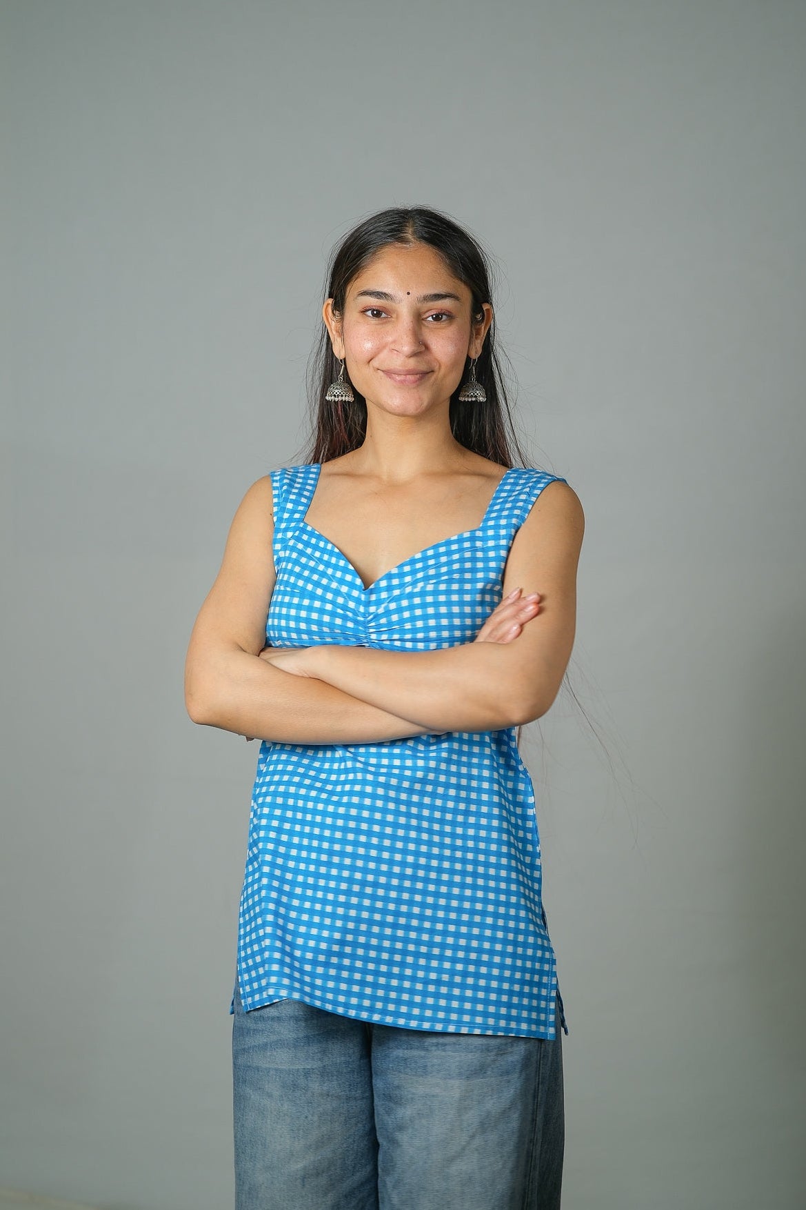 Mira – Gingham Printed Cotton Top (Blue)