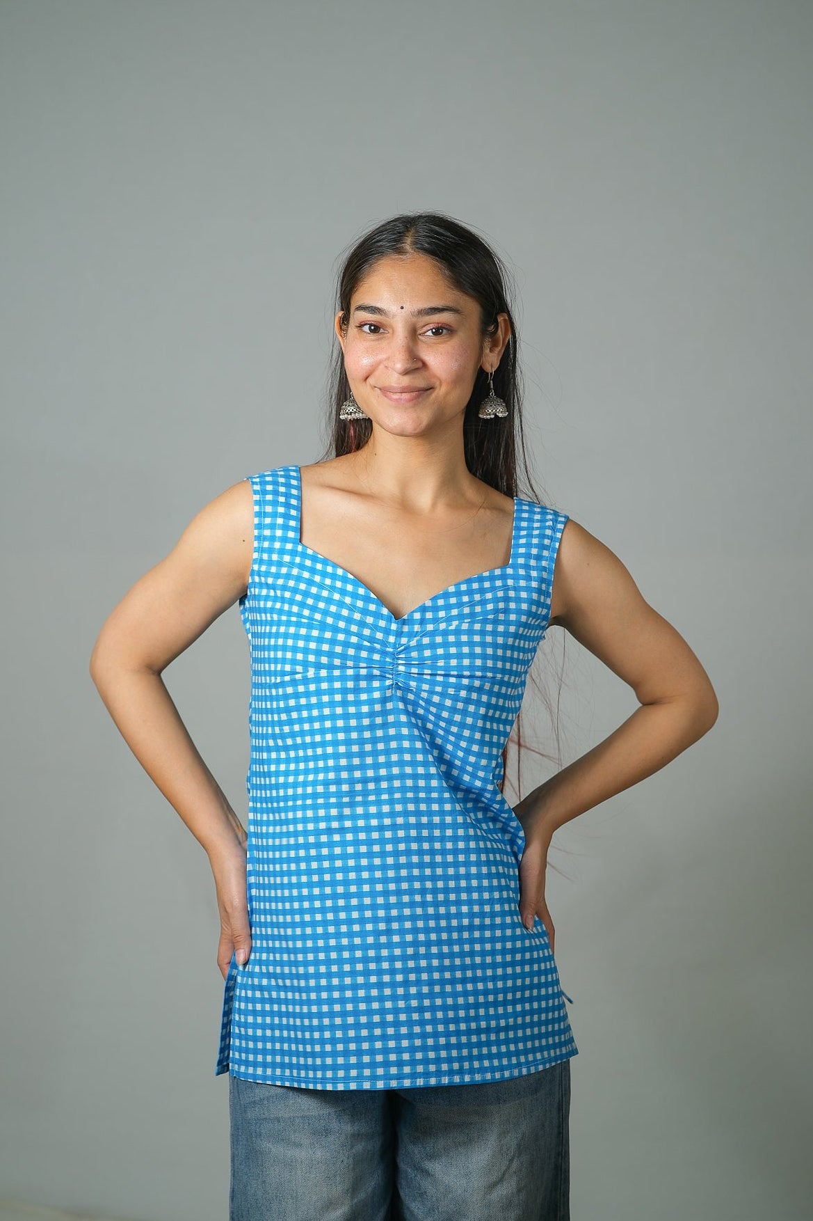 Mira – Gingham Printed Cotton Top (Blue)