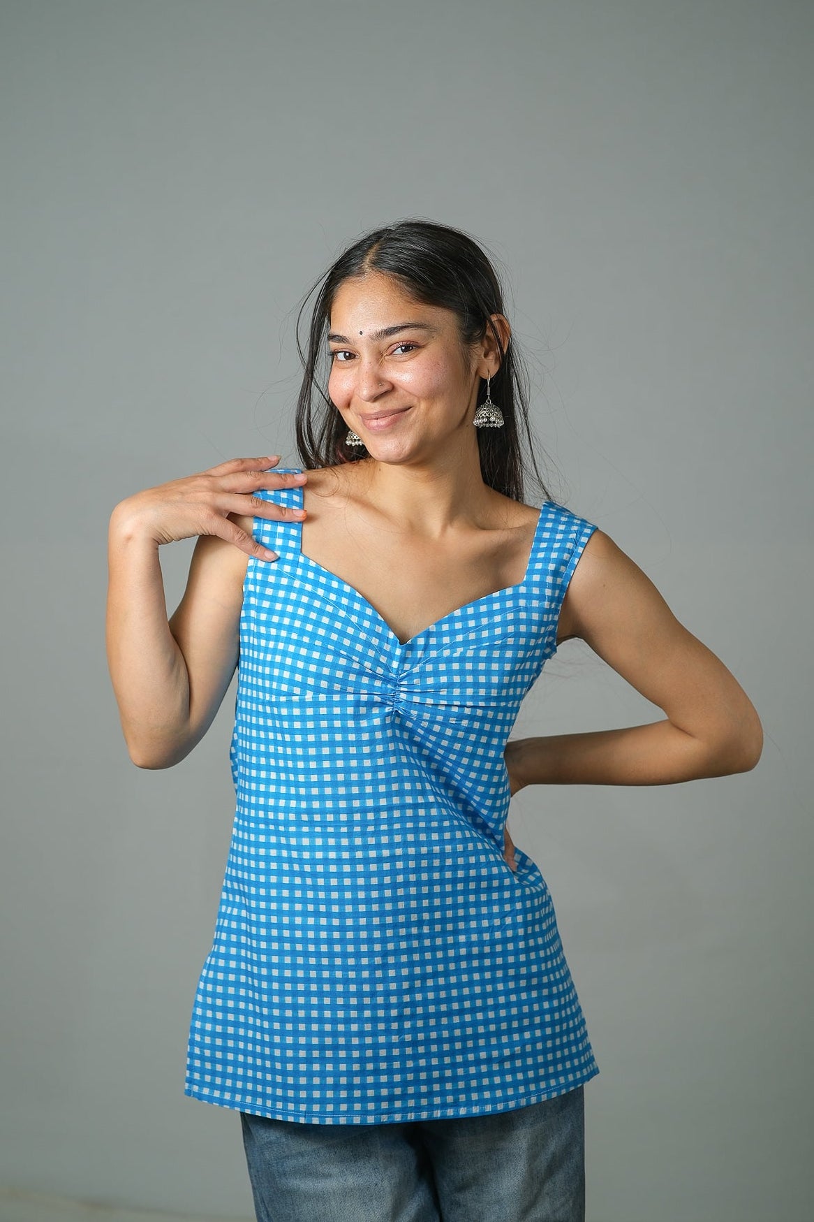 Mira – Gingham Printed Cotton Top (Blue)