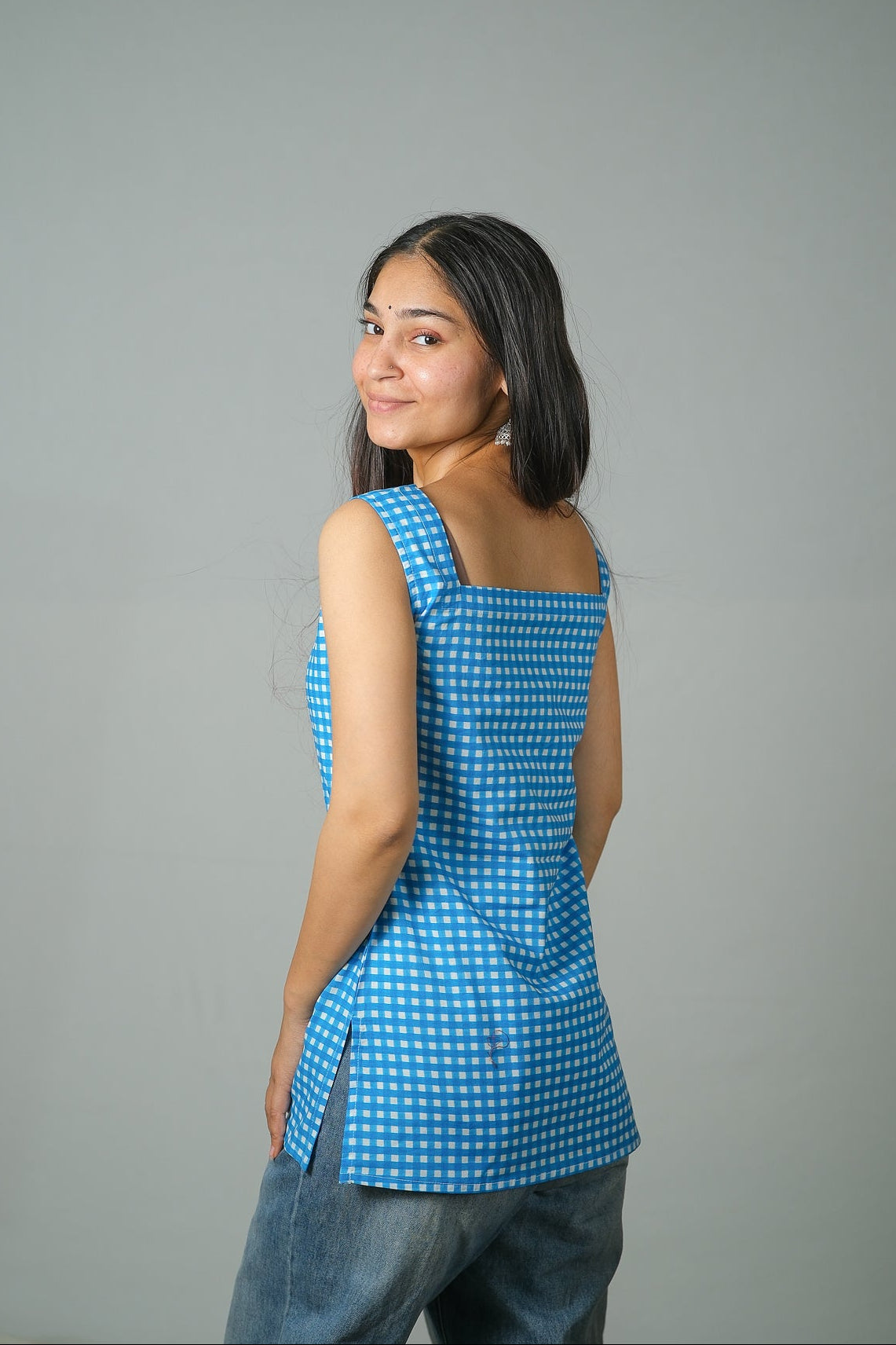 Mira – Gingham Printed Cotton Top (Blue)