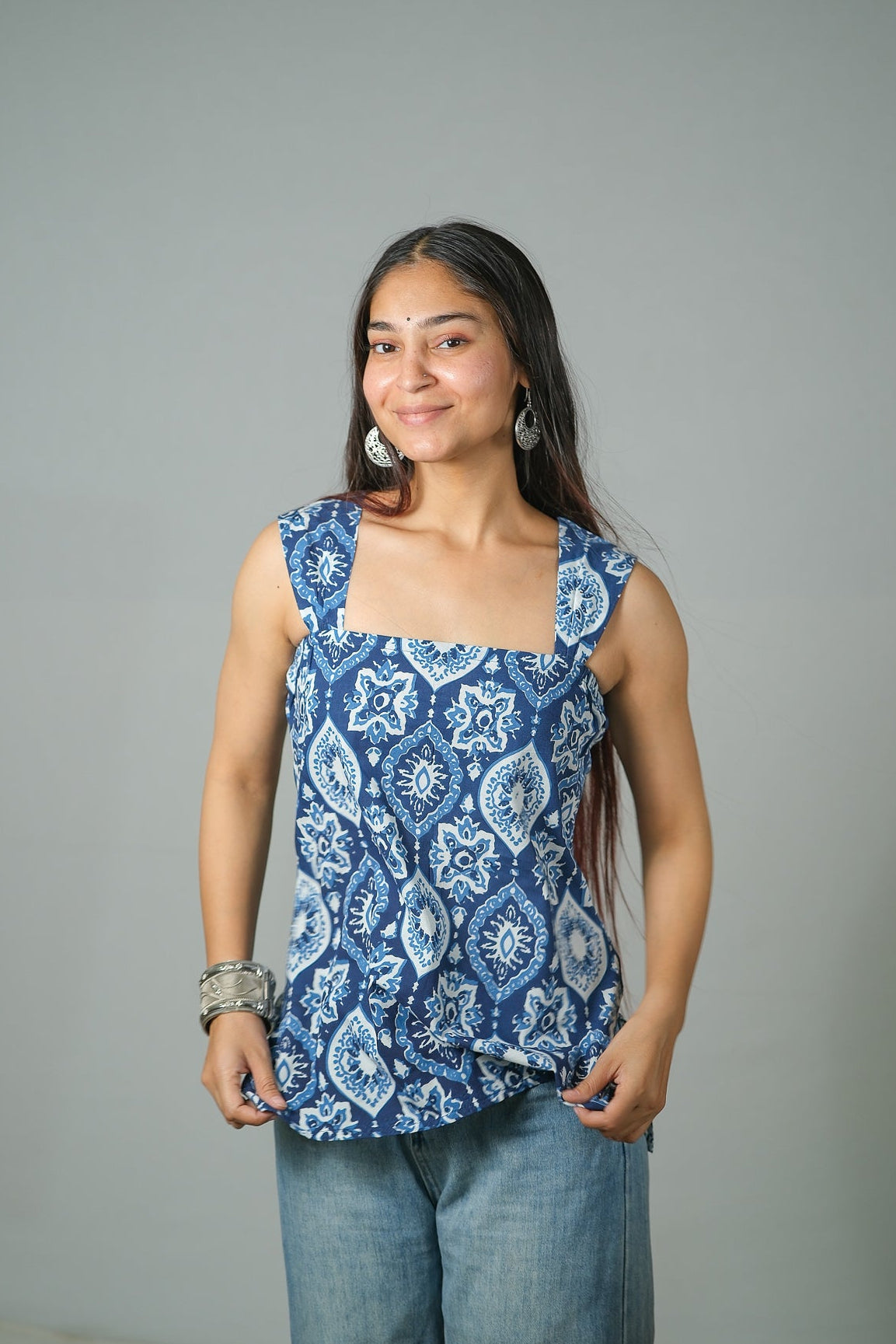 Elara – Motif Printed Cotton Top (Blue)
