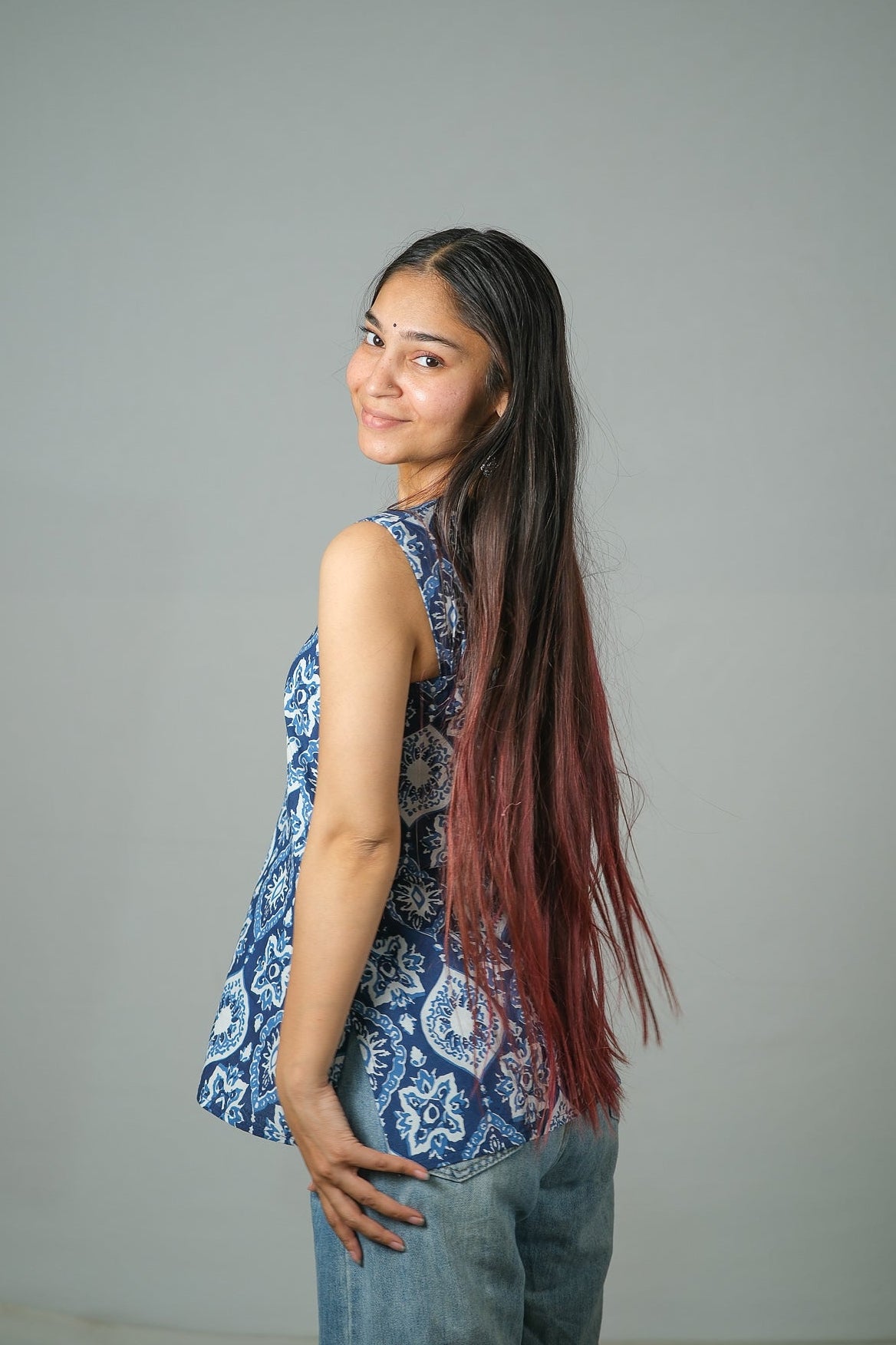Elara – Motif Printed Cotton Top (Blue)