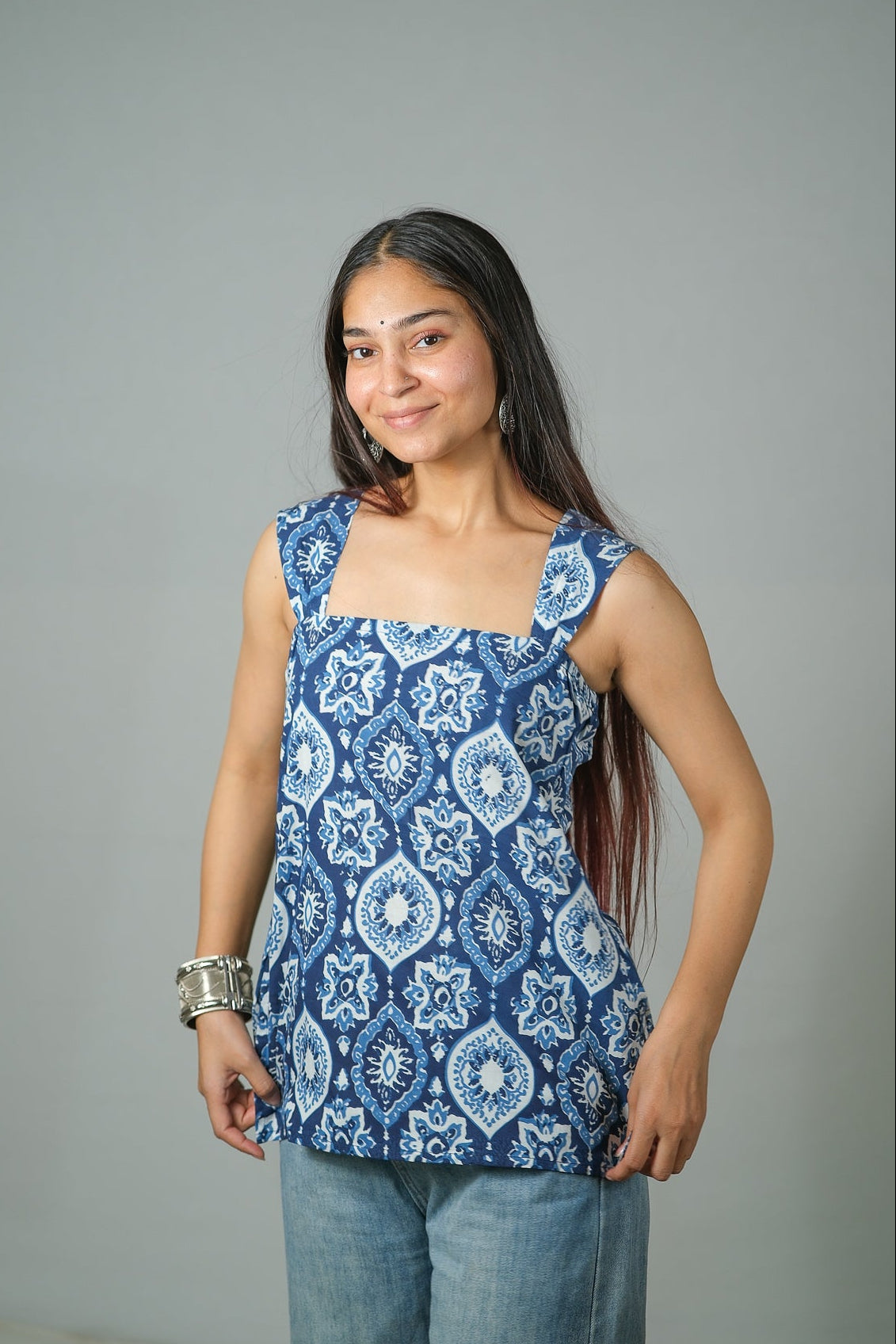 Elara – Motif Printed Cotton Top (Blue)