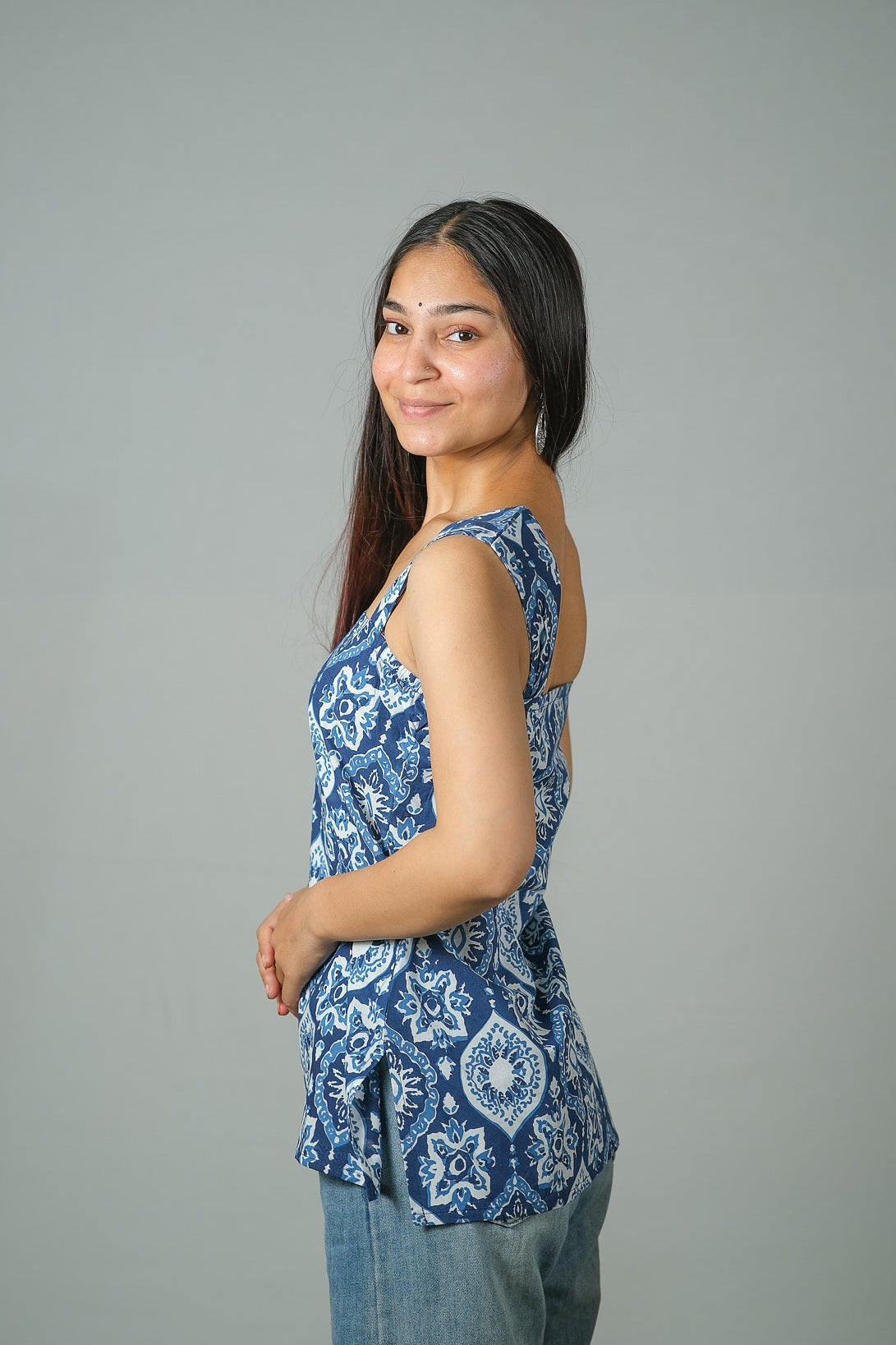 Elara – Motif Printed Cotton Top (Blue)