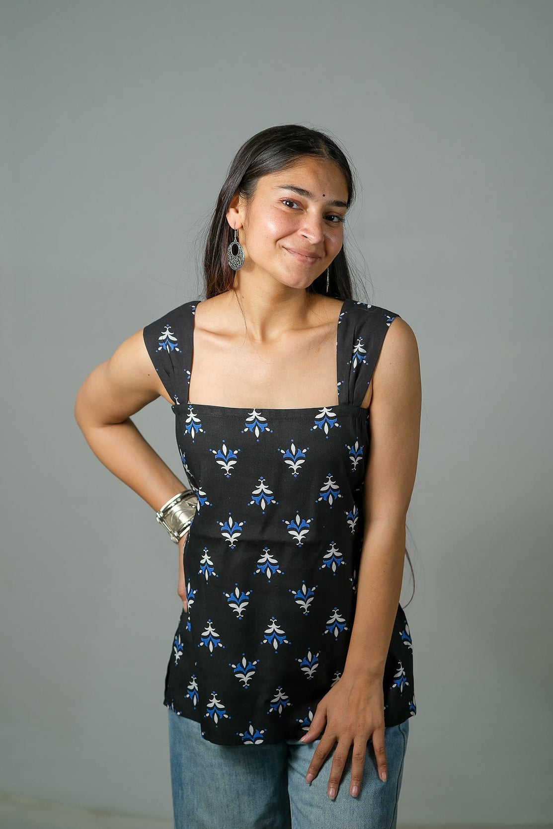 Iris – Printed Cotton Top (Black)