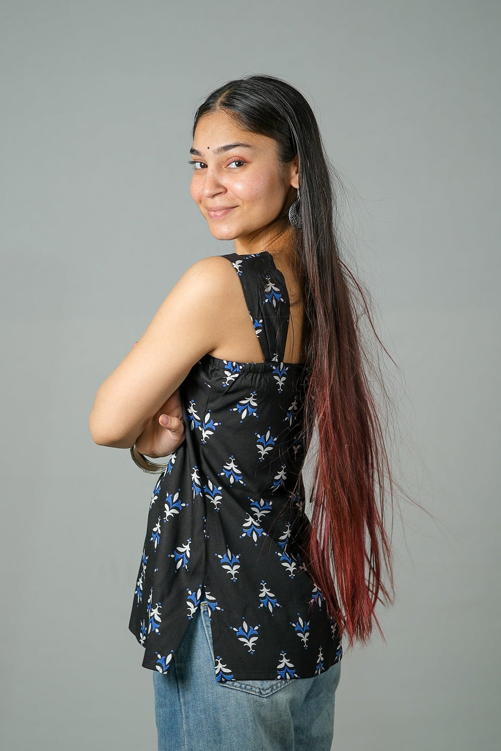 Iris – Printed Cotton Top (Black)