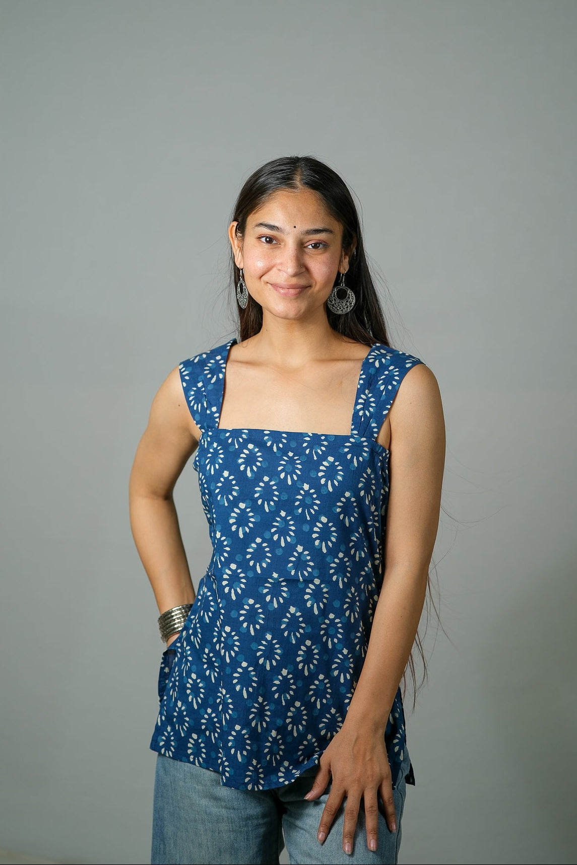 Keira – Printed Cotton Top (Blue)