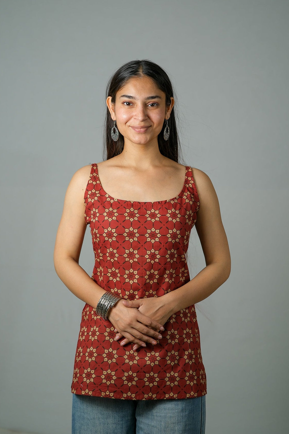 Rhea – Convertible Printed Cotton Kurti Set (Rust Buti)