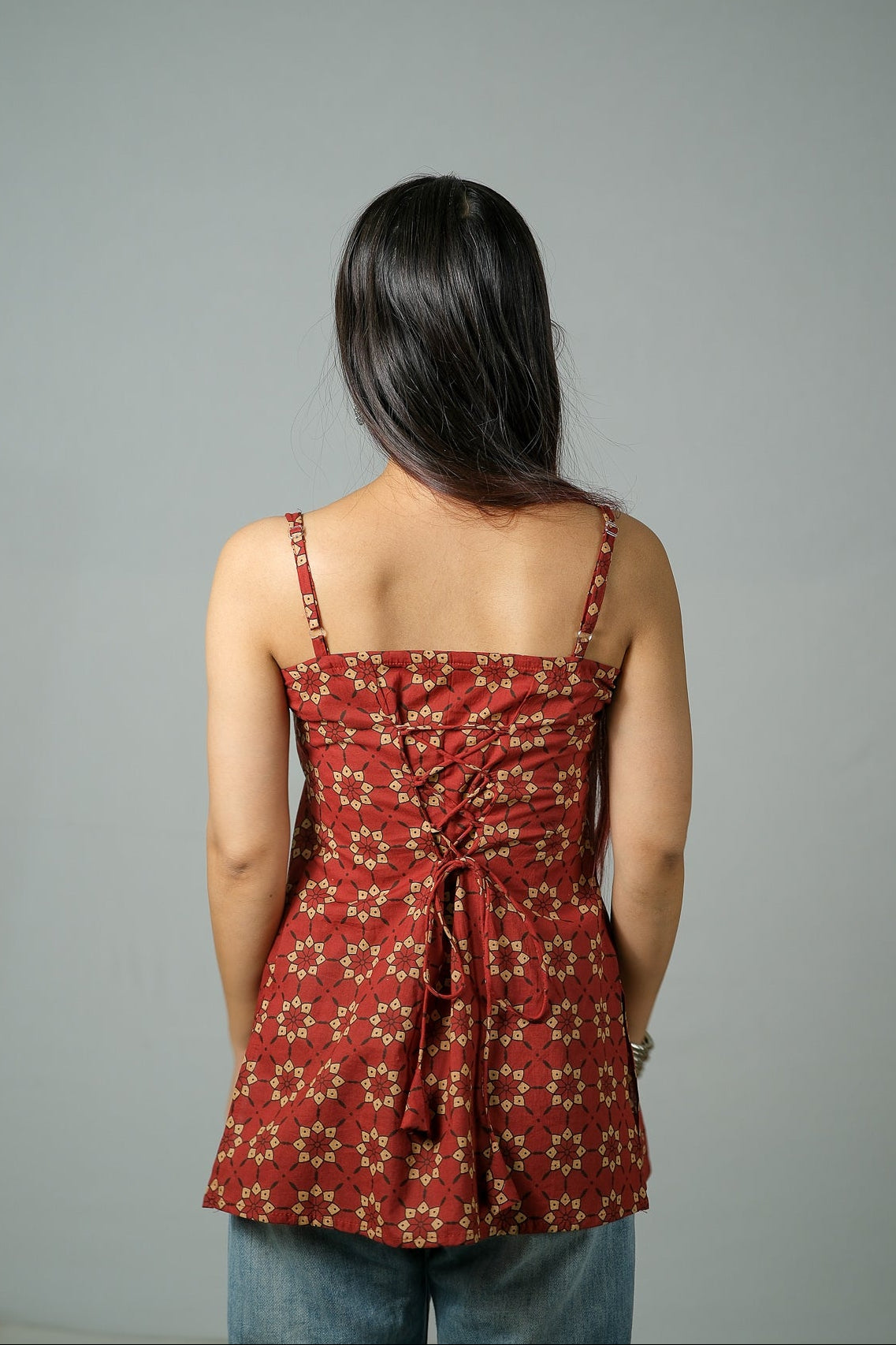 Rhea – Convertible Printed Cotton Kurti Set (Rust Buti)