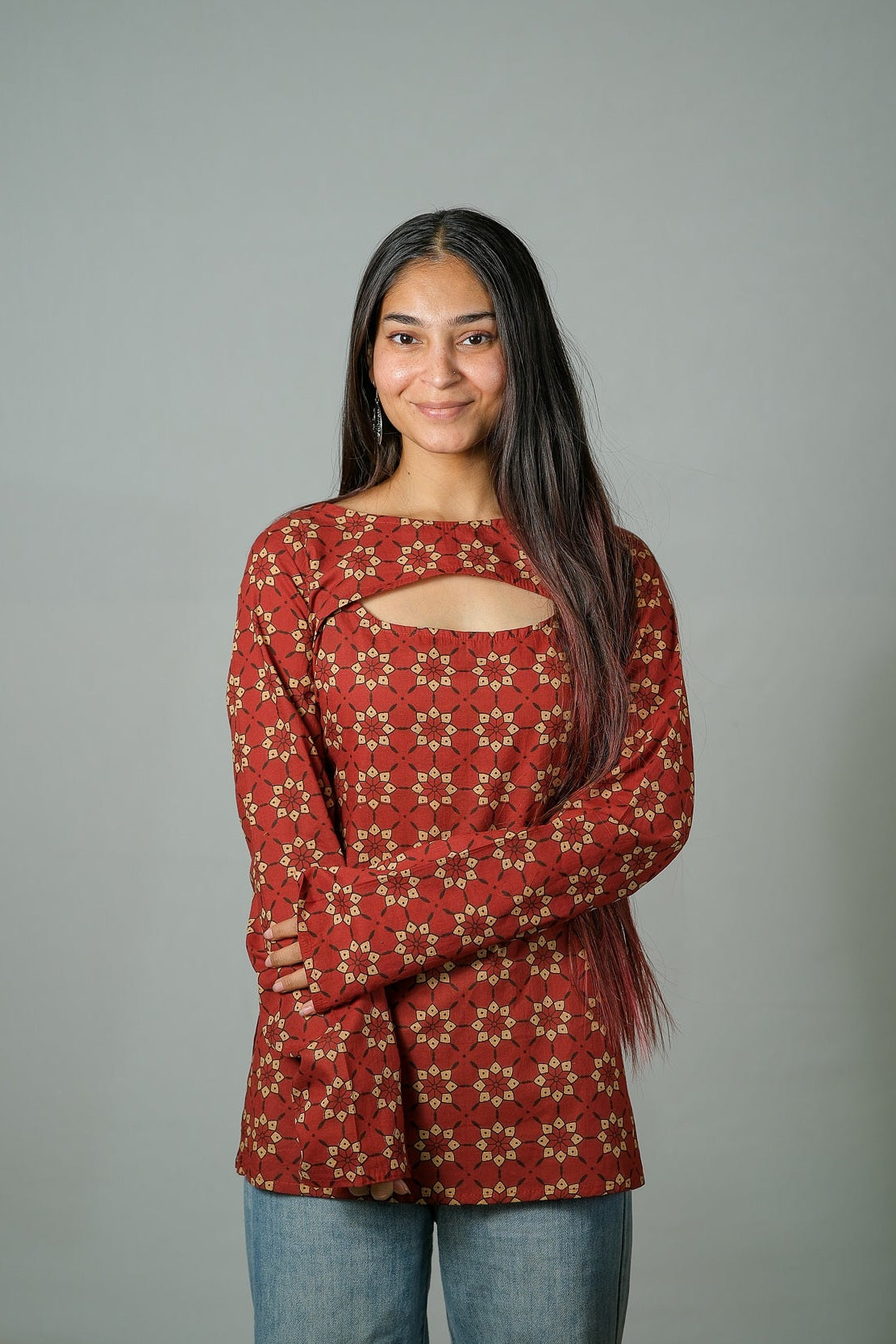 Rhea – Convertible Printed Cotton Kurti Set (Rust Buti)