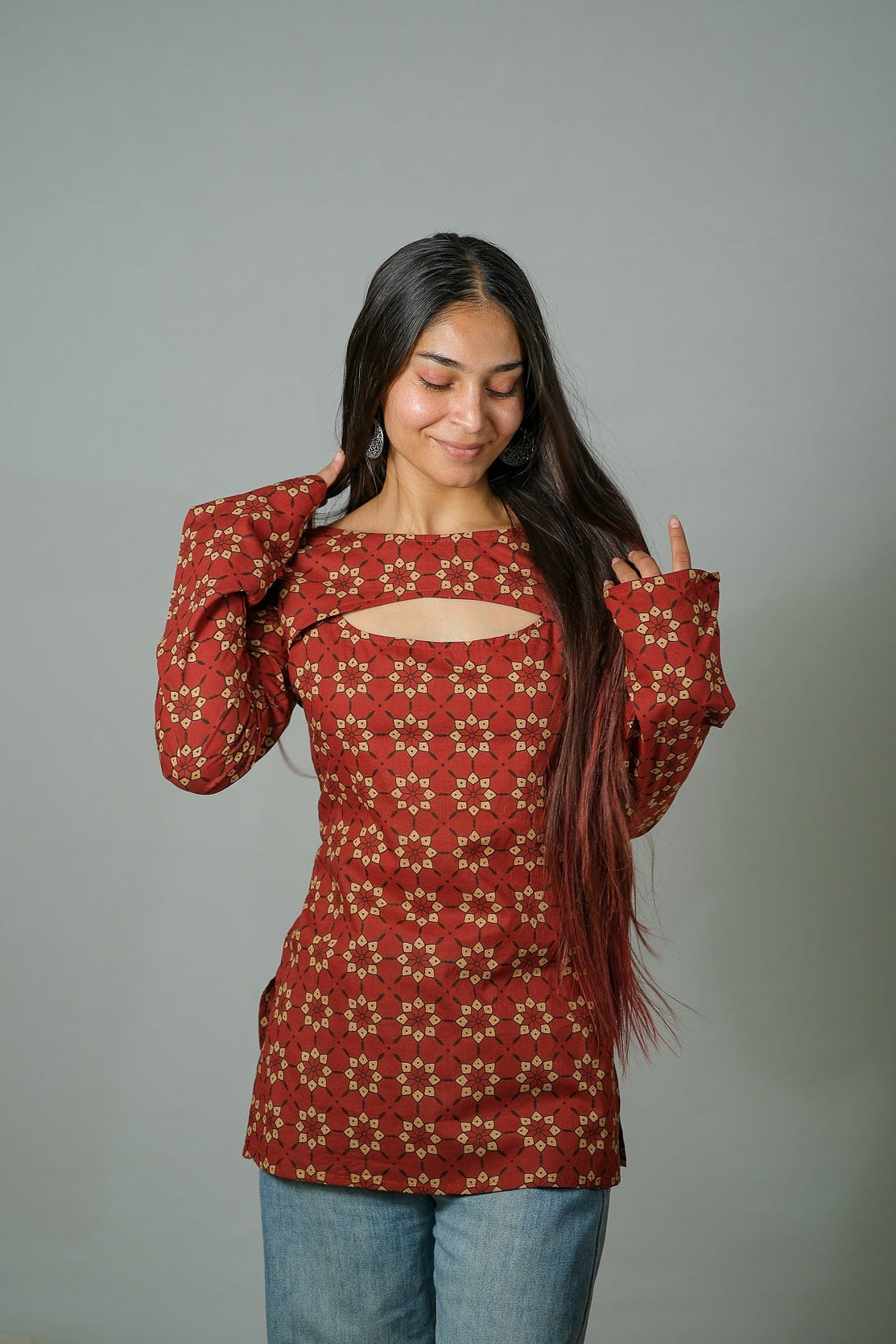 Rhea – Convertible Printed Cotton Kurti Set (Rust Buti)