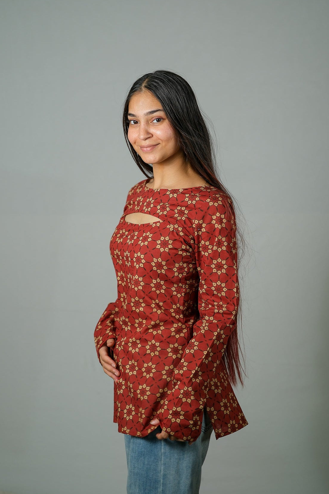 Rhea – Convertible Printed Cotton Kurti Set (Rust Buti)