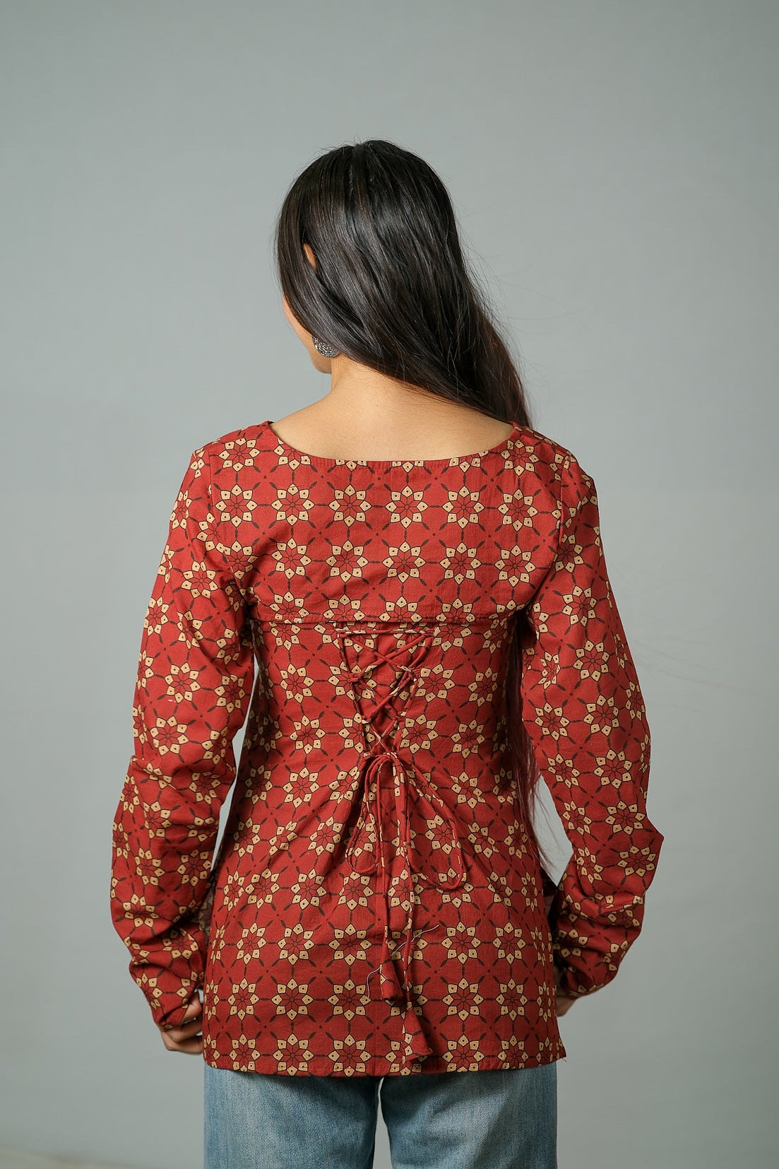 Rhea – Convertible Printed Cotton Kurti Set (Rust Buti)