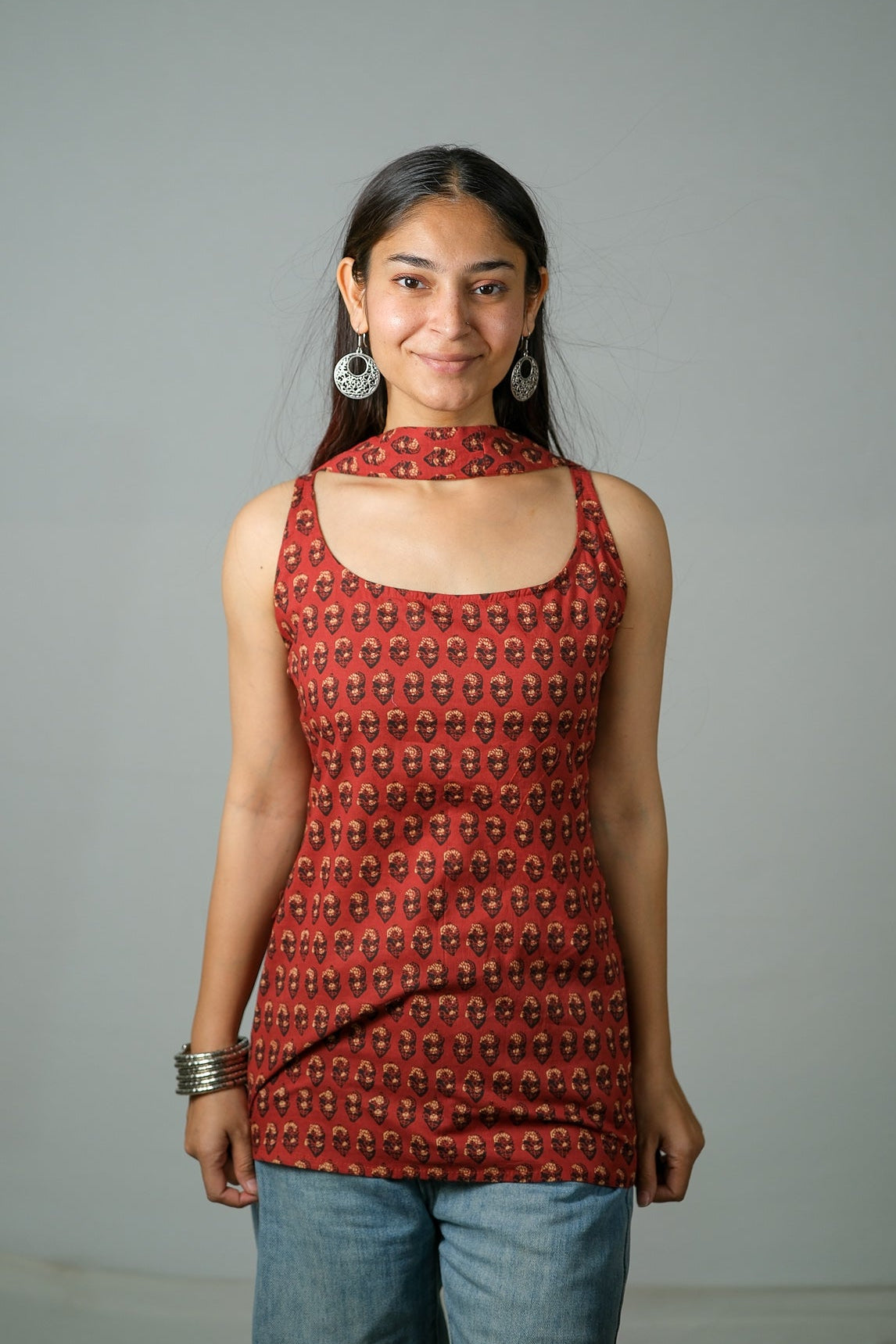 Ira – Convertible Printed Cotton Kurti Set (Rust Buti)