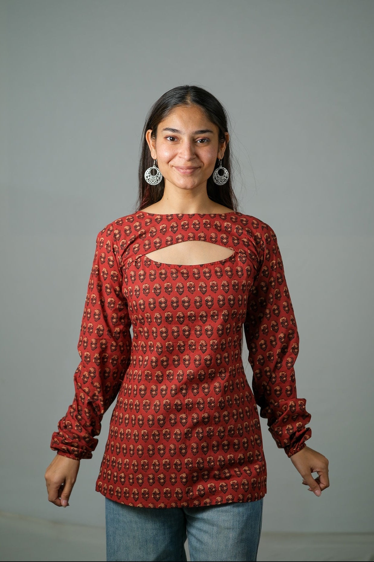 Ira – Convertible Printed Cotton Kurti Set (Rust Buti)