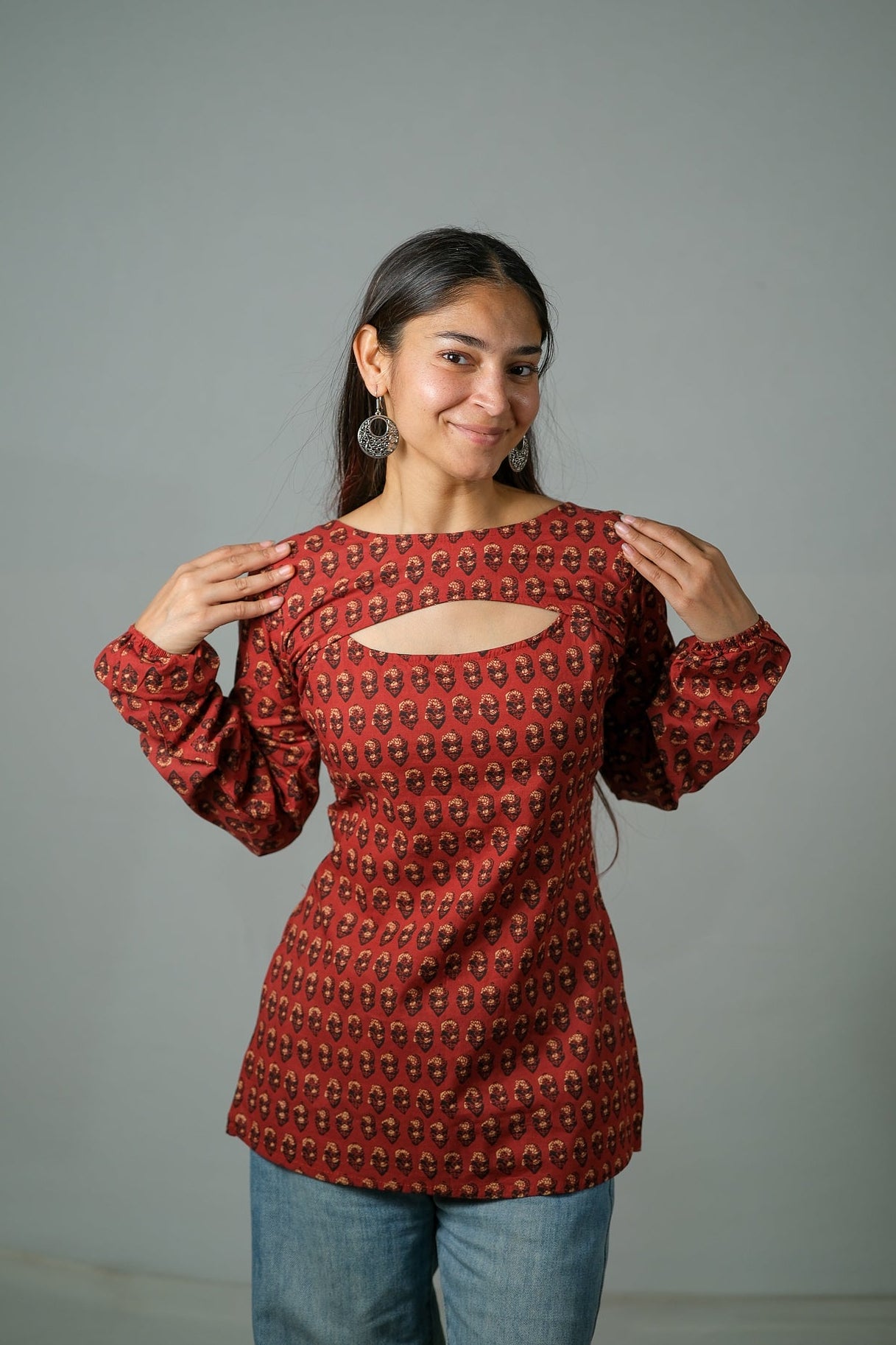 Ira – Convertible Printed Cotton Kurti Set (Rust Buti)