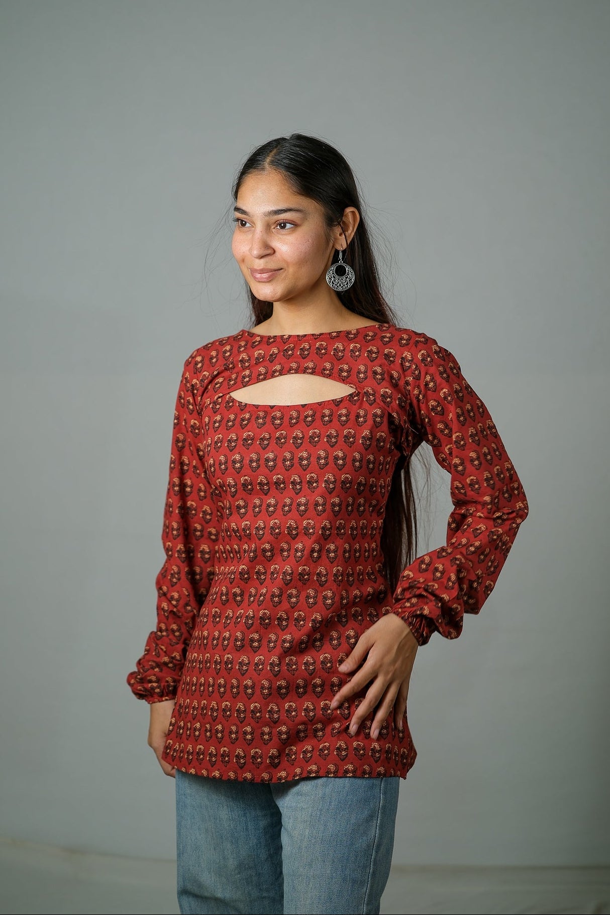 Ira – Convertible Printed Cotton Kurti Set (Rust Buti)
